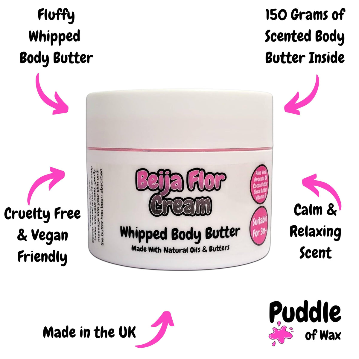 Beija Flor Cream - 150g Whipped Body Butter - Made with Natural Oils and Butters - Vegan Friendly - Puddle of Wax - Made in the UK
