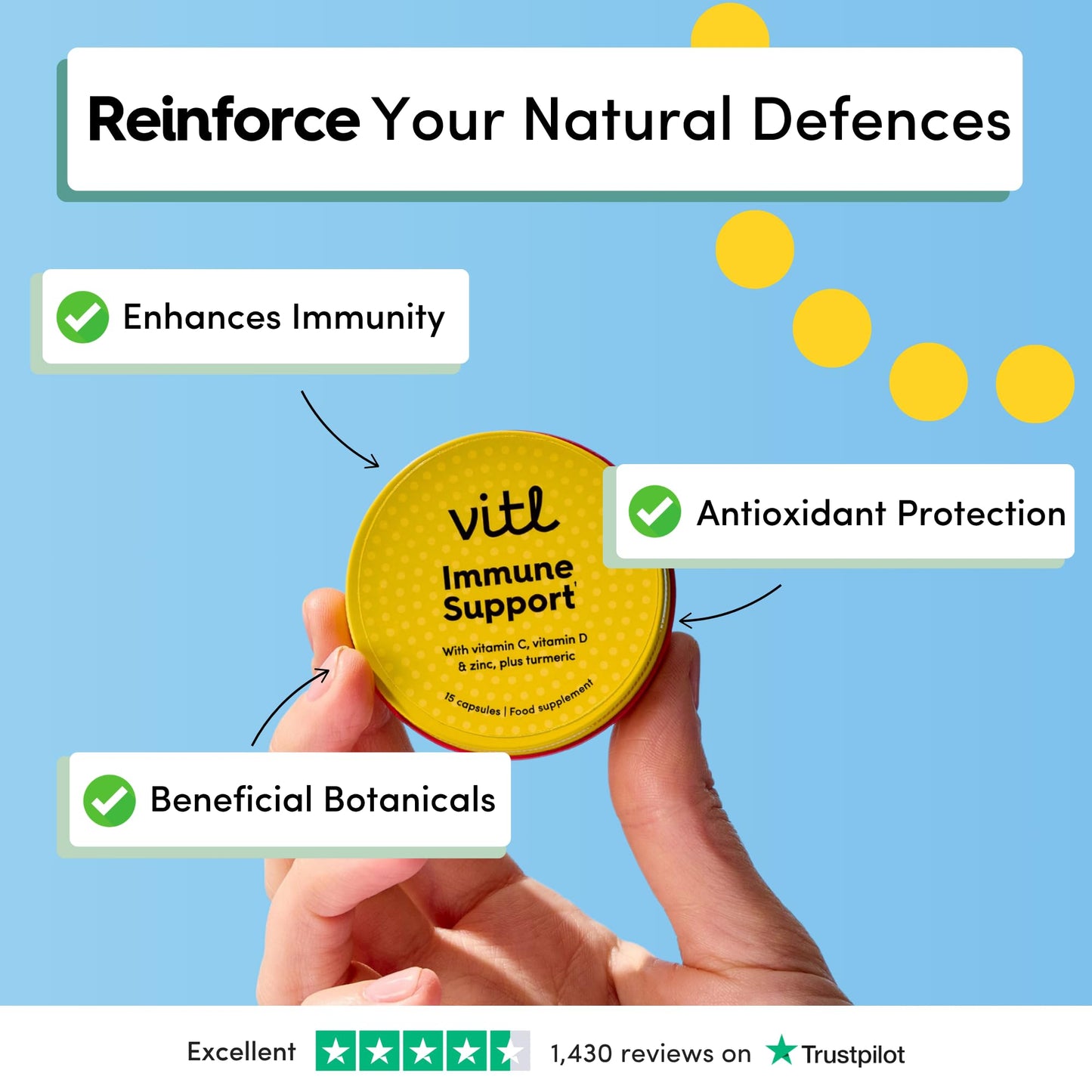 VITL Vitl Immune Support | Supports Everyday Immunity & Wellness | Immune Support Supplements with Vitamin D, Vitamin C, Zinc, Turmeric & Elderberry | Vegan Friendly | Pocket Tin (15)