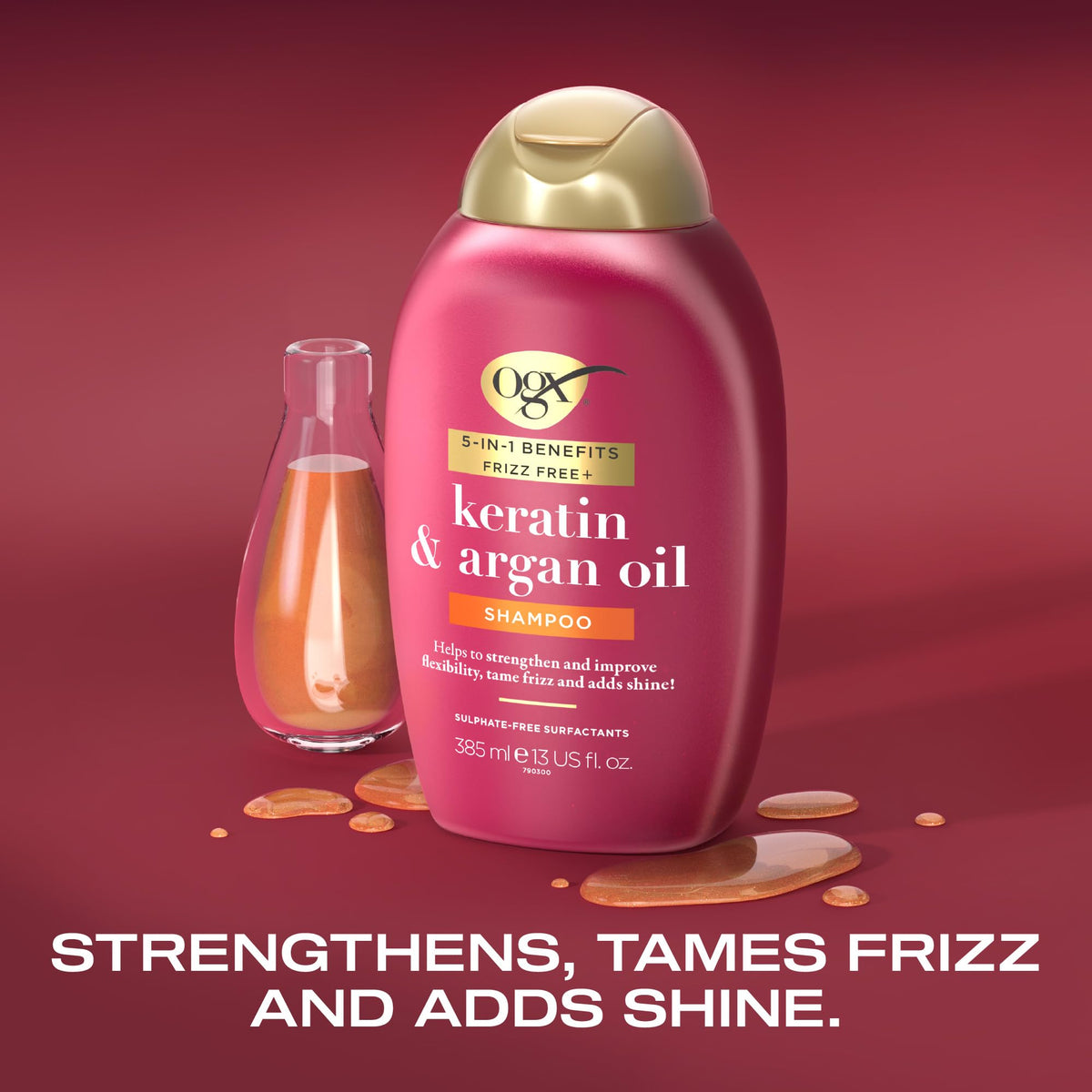 OGX 5in1 Benefits Frizz Free with Keratin & Argan Oil Shampoo, Strengthens and Improves Flexibility, Tames Frizz and Adds Shine, Sulfate Free, 385ml