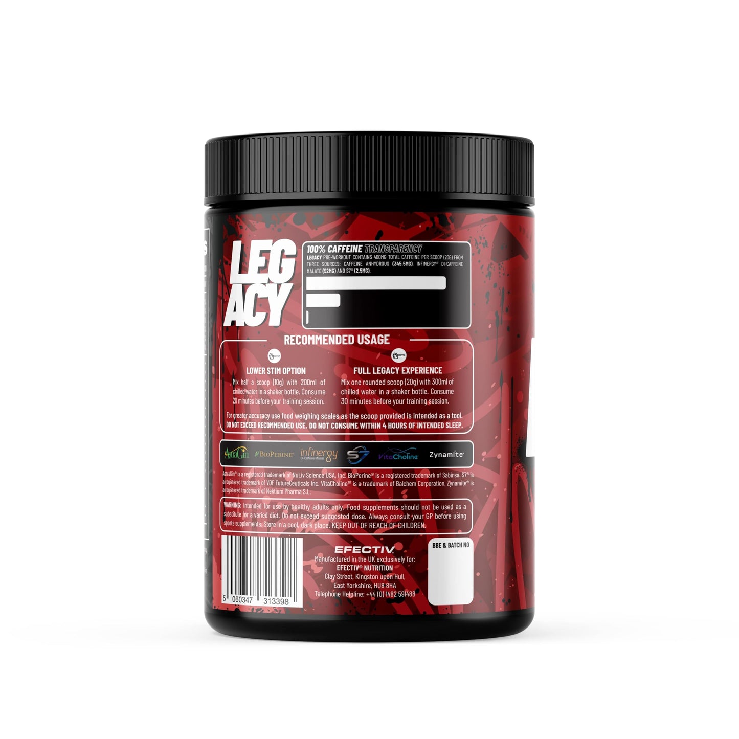 EFECTIV Legacy - High Caffeine Powerful 400mg Pre Workout Powder - 1000mg Total Stimulants - 380g - Fizzy Bubble Sweets Flavour - Suitable for Vegans & Vegetarians (40/20 Servings) - Made in The UK