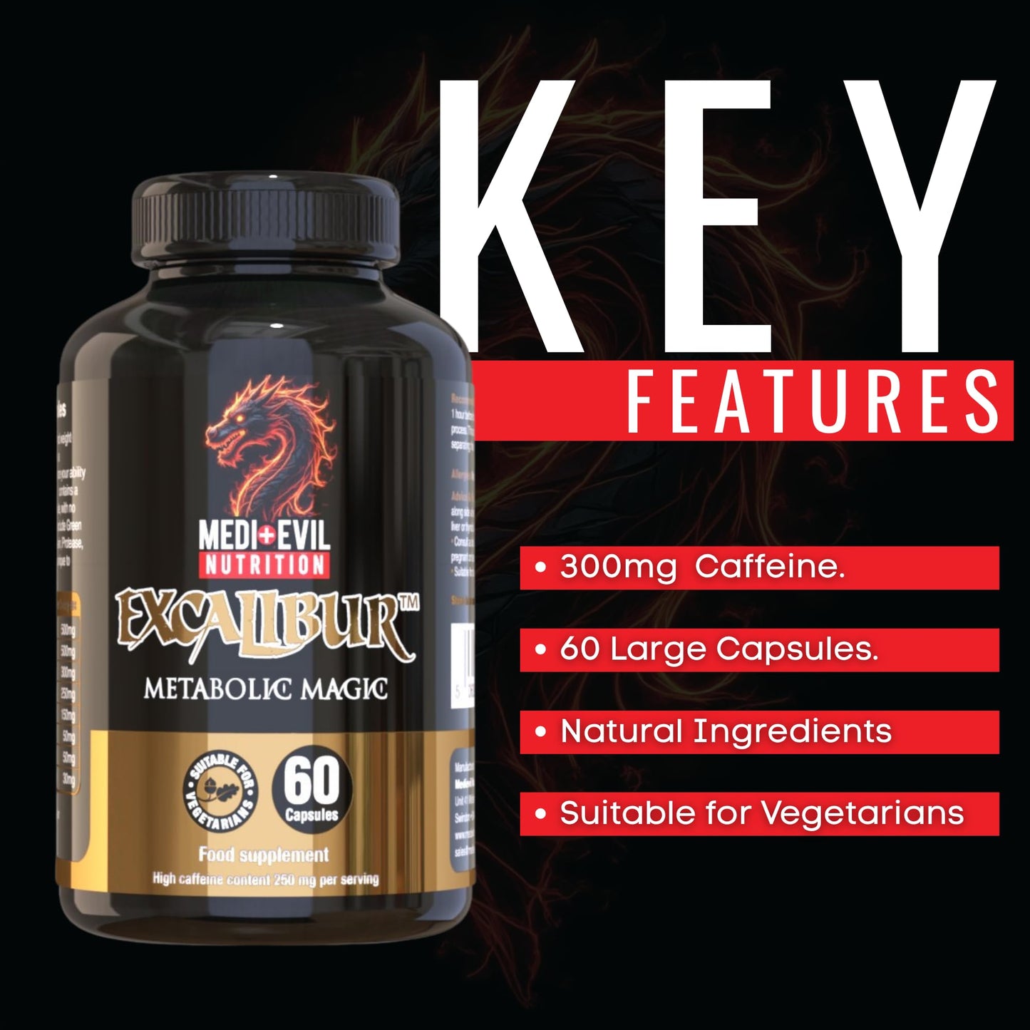 Medi-Evil Nutrition Excalibur Thermogenic Weight Management and Pre Workout Supplement 60 Large High Dose Capsules