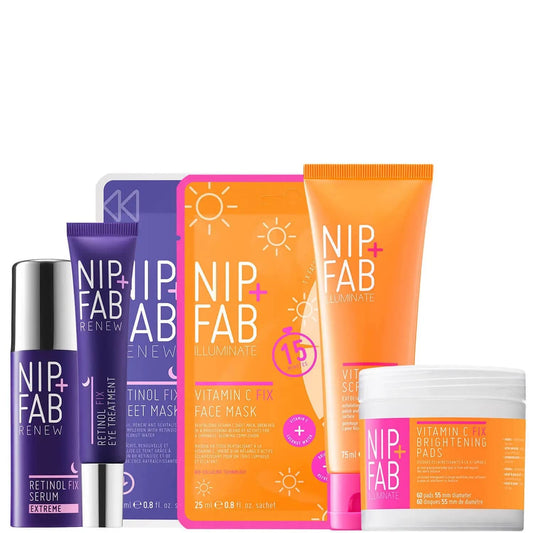 Nip + Fab Renew and Brighten Fix Regime Bundle | Smoother and Radiant Face Skin | Retinol Eye Cream, Sheet Mask, Serum | Vitamin C Concentrate, Scrub, Pads