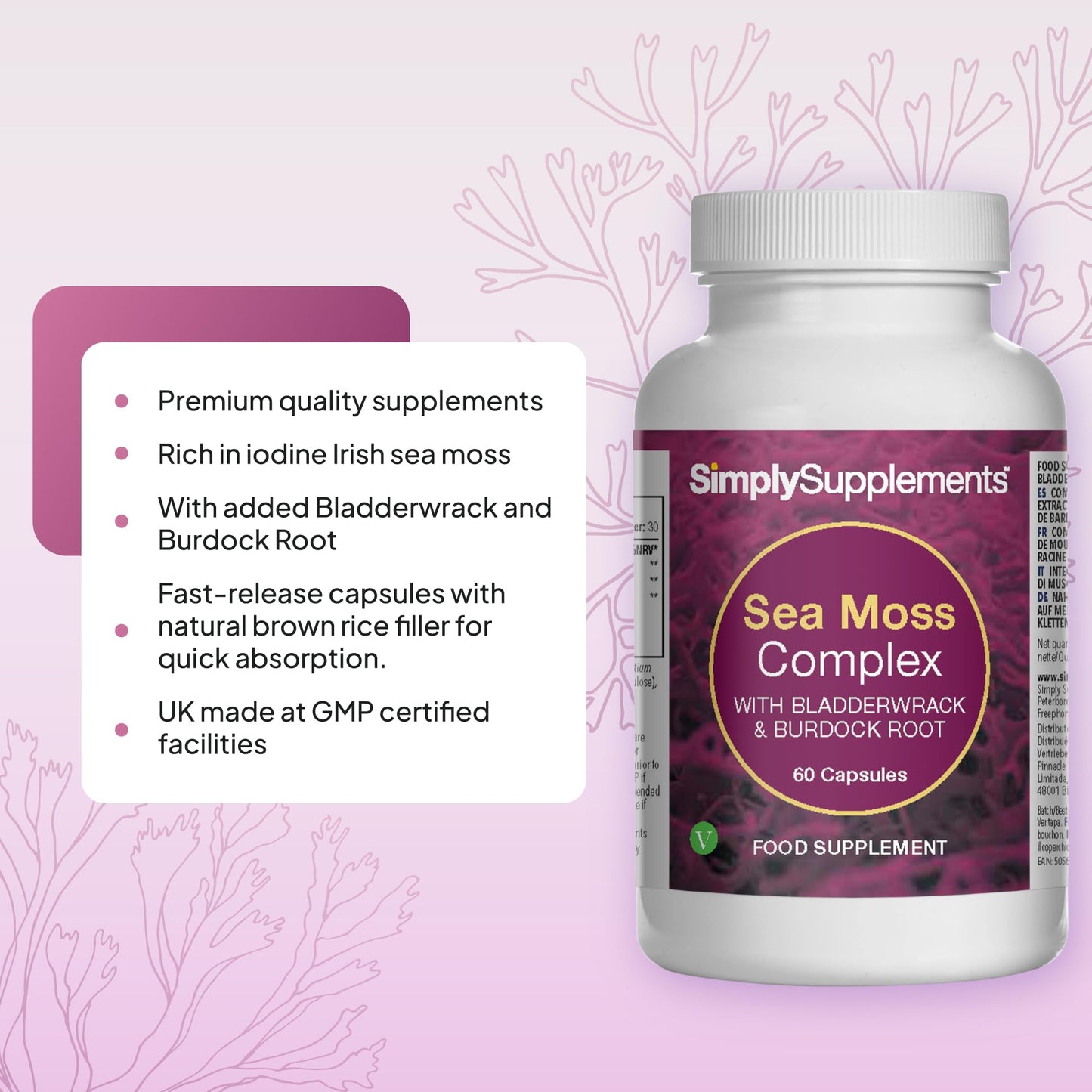 Simply Supplements Sea Moss Capsules | Powerhouse Nutrition from The Ocean | with Added Bladderwrack & Burdock Root | 60 Capsules| Made in The UK