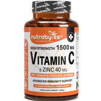 NUTRABYTES Nutrabytes High Strength 1,500mg Vitamin C & 40mg Zinc Supplement, 60 Capsules | Advanced Immune Support with Zinc, Rosehip & Citrus Bioflavonoids | 1 Month | Vegan Capsules | UK Made