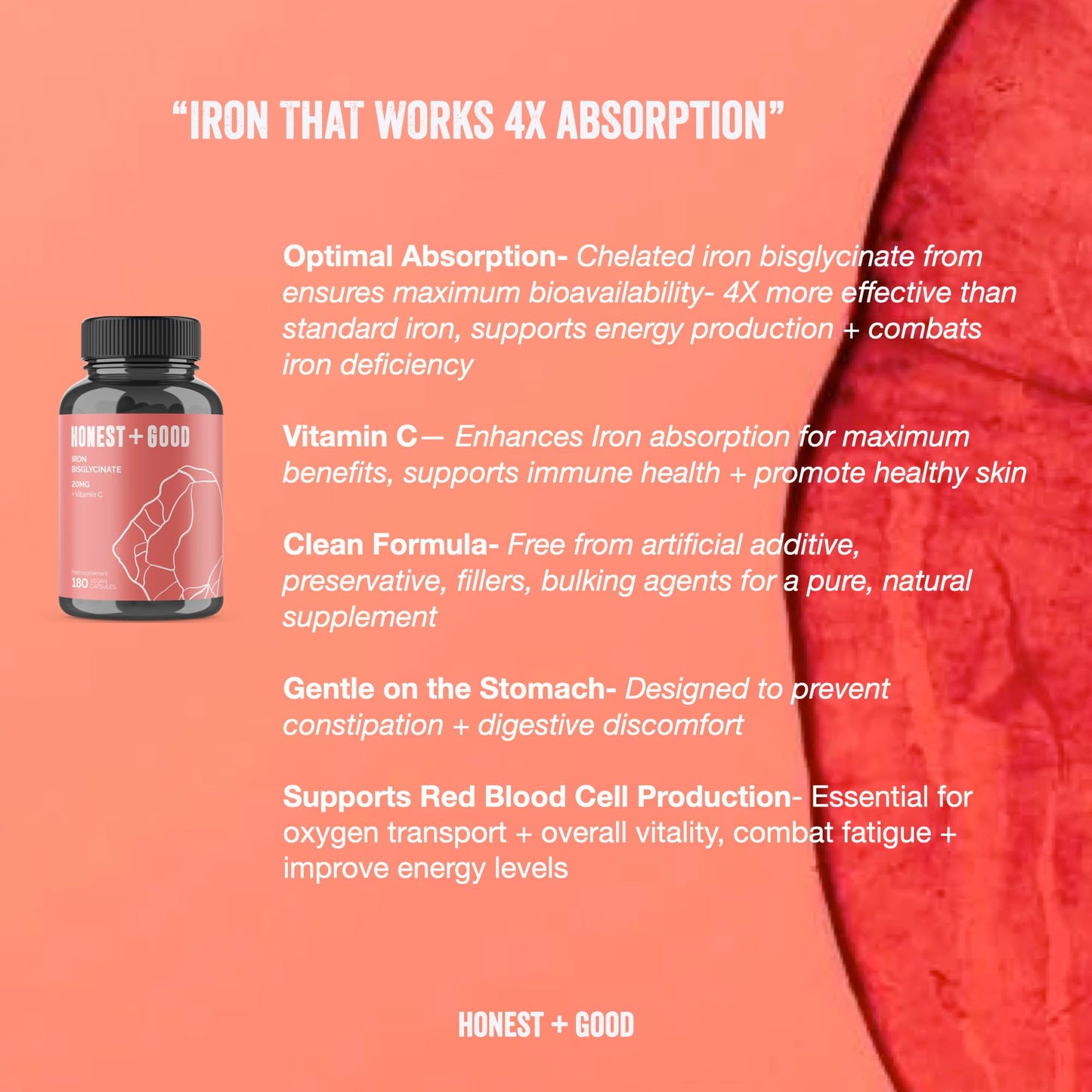 Honest + Good Iron Bisglycinate + Vitamin C – 4X More Absorbable | 20mg Iron + 100mg Vitamin C | 180 Capsules (6-Month Supply)