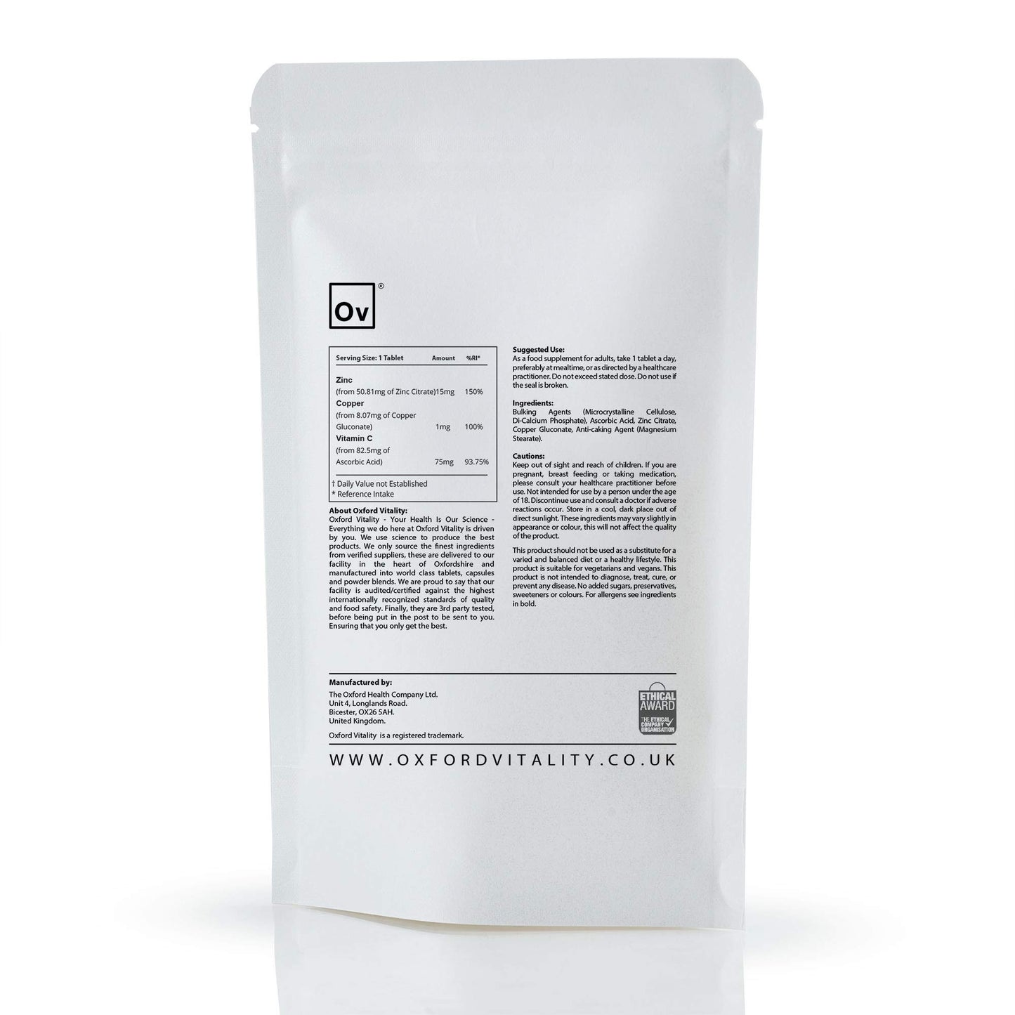 Ov OXFORD VITALITY Zinc, Copper & Vitamin C Tablets | General Health & Hair, Skin and Nails | Oxford Vitality