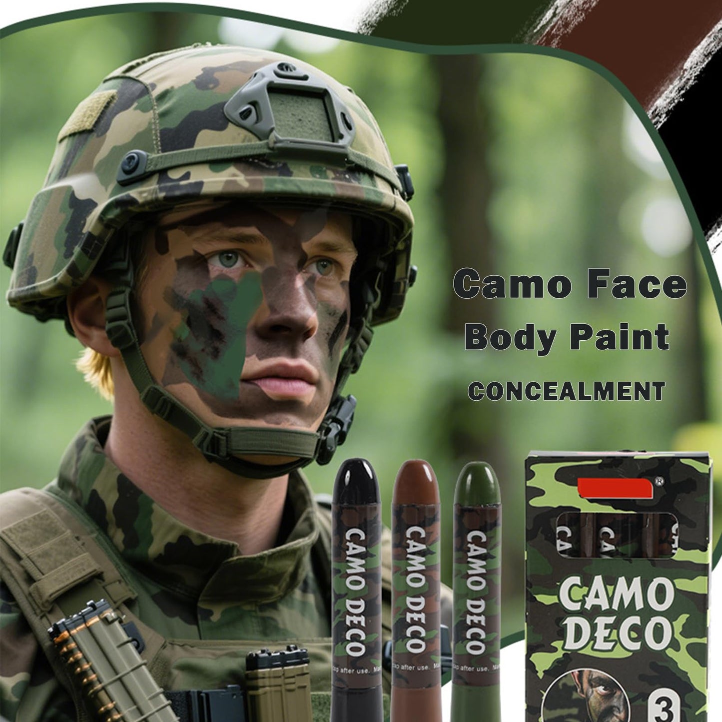 Mikloven 3-Color Camo Face Paint Sticks (Brown, Black, Green), Waterproof Hunting Face Paint, Rotating Wax Design, Skin-Friendly, Easy Application for Outdoor & Tactical Use