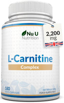 L-Carnitine Tartrate Complex 2200mg - 180 Vegan Capsules - with Chromium, Riboflavin, Biotin, Vitamin D, B3 & B6 - High Strength L Carnitine Supplement - Made in the UK - Nu U Nutrition