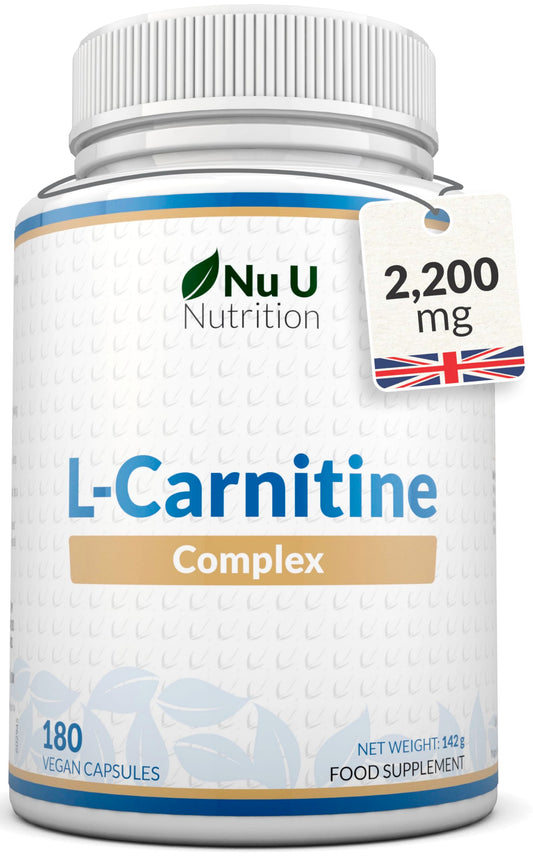 L-Carnitine Tartrate Complex 2200mg - 180 Vegan Capsules - with Chromium, Riboflavin, Biotin, Vitamin D, B3 & B6 - High Strength L Carnitine Supplement - Made in the UK - Nu U Nutrition