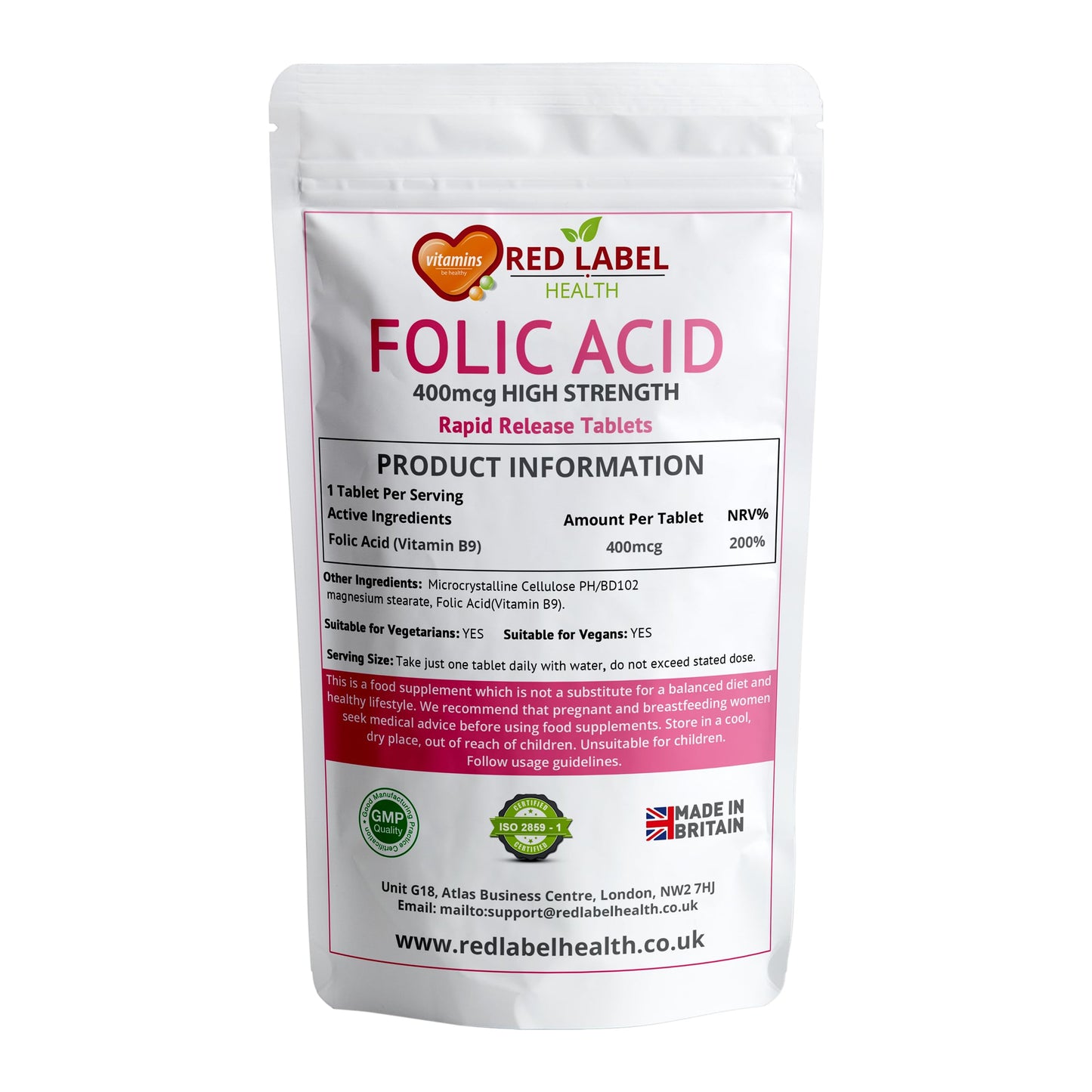 Red Label Health Folic Acid Pregnancy Tablets 400 mcg, 365 Vitamin B9 Tablets (1 Year Supply) High Strength Folate Fertility Supplement for Women, Vegan, Vegetarian, Made in The UK