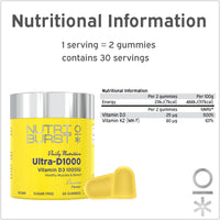 Nutriburst Ultra-D1000 Multipack - Vitamin D3 (1000IU) + Vitamin K2 (80µg) for Healthy Muscles & Bones - Lemon Flavour - 3 x 60 Gummies / 3 Month Supply - Suitable for Vegans