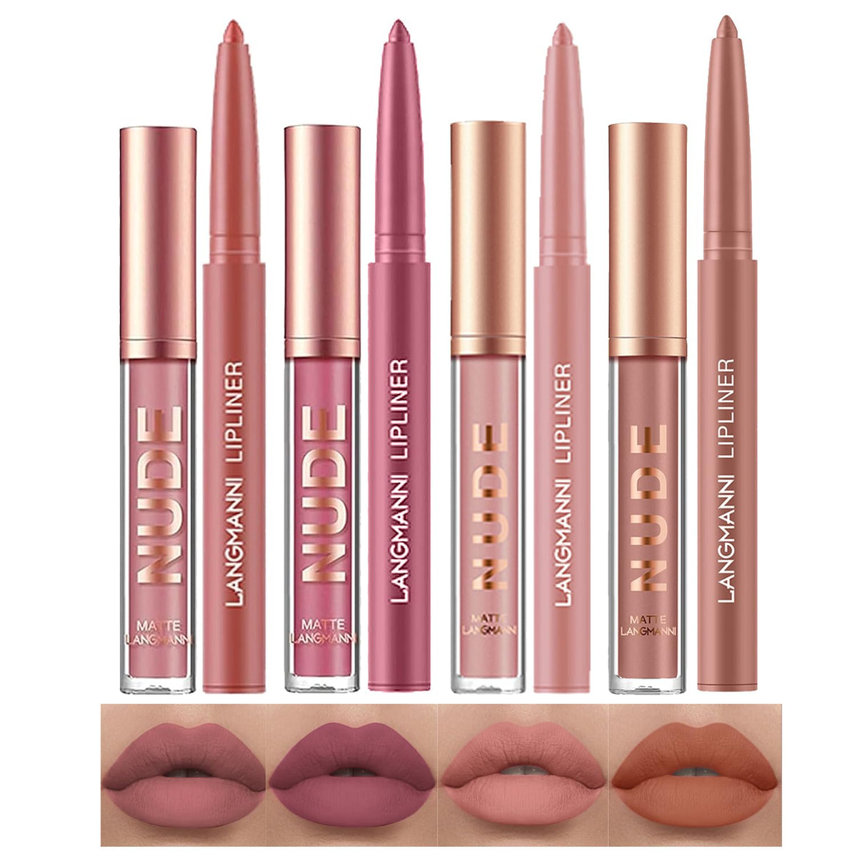 LANGMANNI 4pcs Matte Lipstick with Lipliners Durable Makeup Set,Long-Lasting Non-Stick Cup Not Fade Waterproof Pigmented Velvet Lipgloss Kit Beauty Cosmetics Makeup Gift for Girls(#12811)