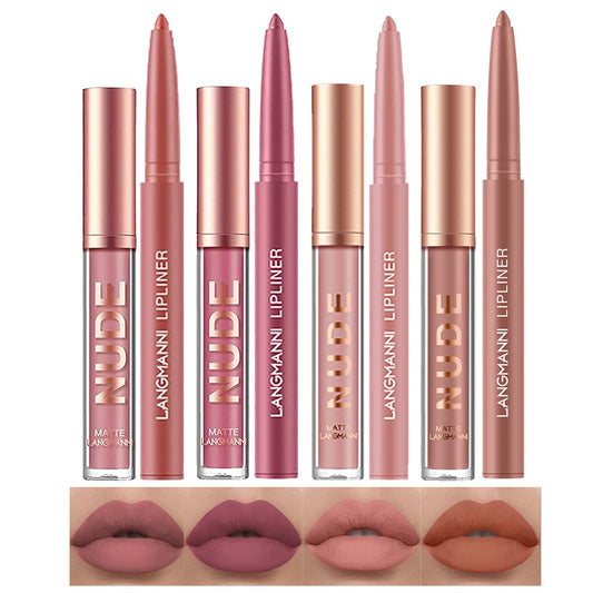 LANGMANNI 4pcs Matte Lipstick with Lipliners Durable Makeup Set,Long-Lasting Non-Stick Cup Not Fade Waterproof Pigmented Velvet Lipgloss Kit Beauty Cosmetics Makeup Gift for Girls(#12811)