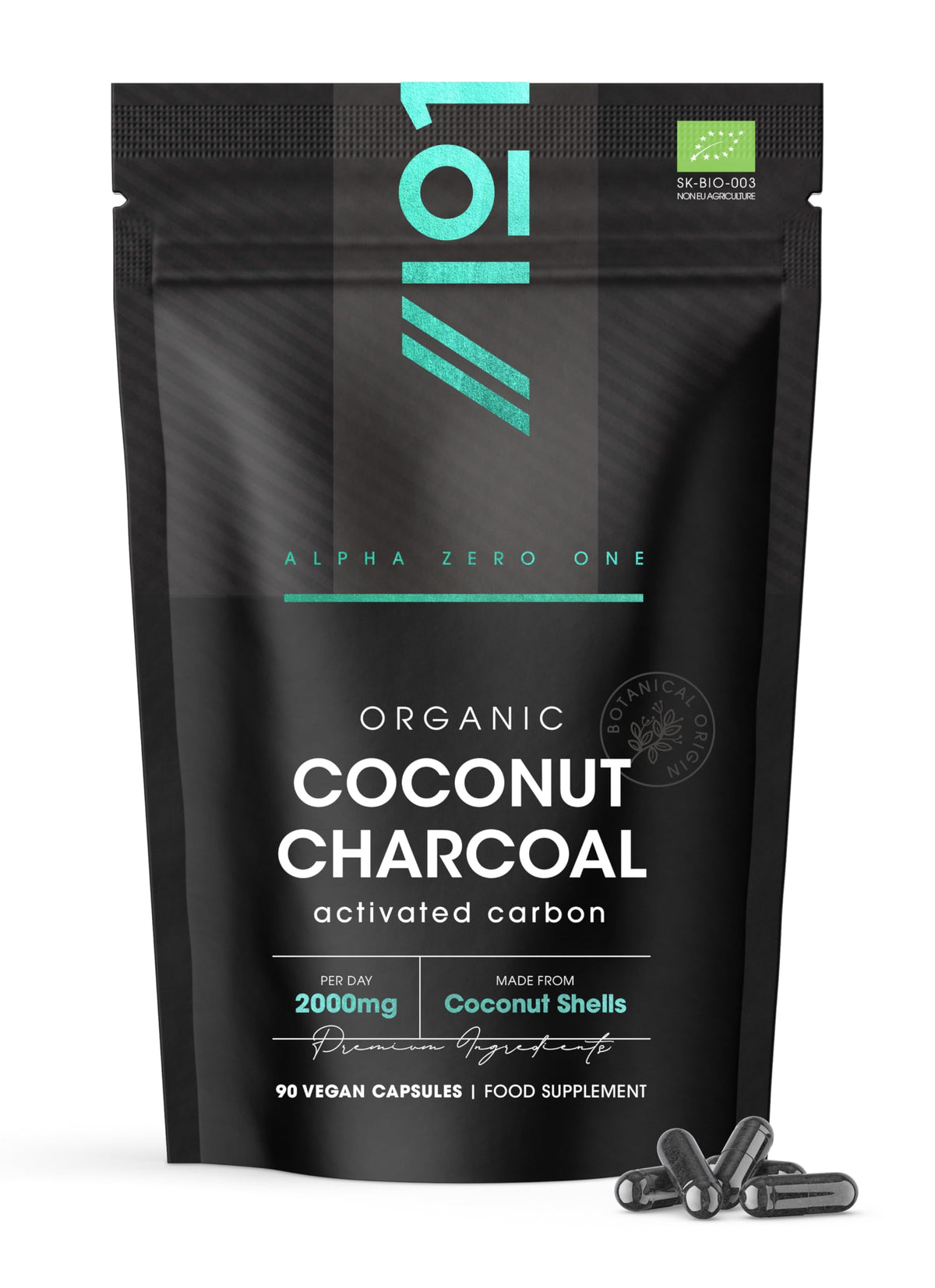 ALPHA01 Organic Activated Coconut Charcoal 2000mg – 90 Vegan Capsules – Bloating & Gas, Digestion & Flatulence Natural Relief – Resealable and Recyclable Pouch by Alpha01