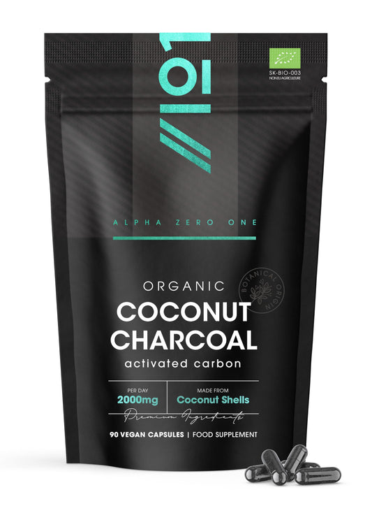 ALPHA01 Organic Activated Coconut Charcoal 2000mg – 90 Vegan Capsules – Bloating & Gas, Digestion & Flatulence Natural Relief – Resealable and Recyclable Pouch by Alpha01