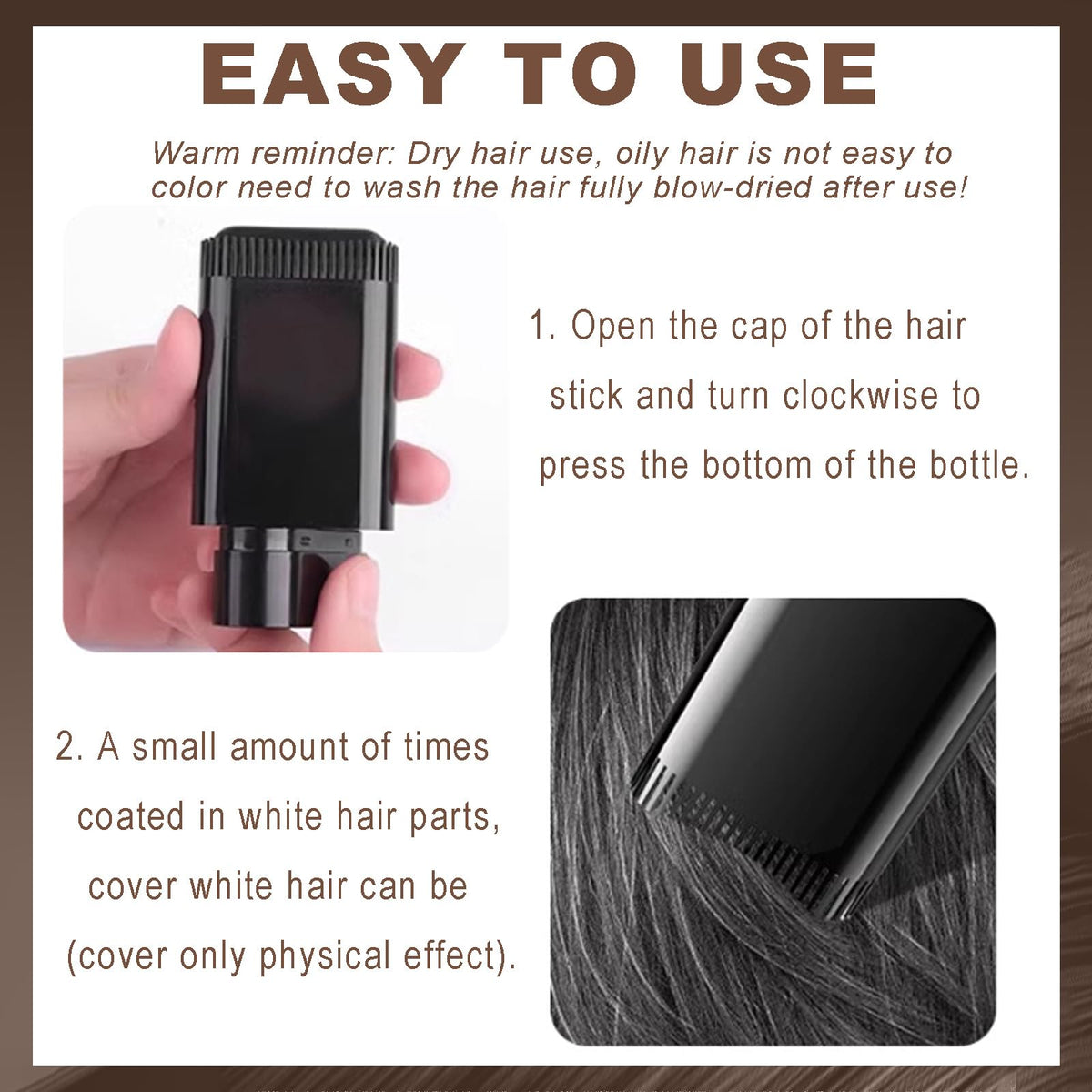 TUHOWEWZ Hair Dye Comb, 2 in 1 Instant Hair Colour Stick, Safe and Convenient Comb Hair Dye, Dark Brown Hair Colour Stick with Applicator, Portable Sweat-Proof Temporary Root Touch Up Dye Hair Cover Up