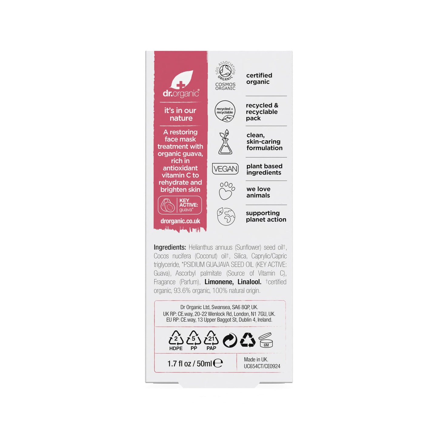 Dr. Organic Dr Organic Guava Face Mask, Vitamin C, Brightening, Mens, Womens, Natural, Vegan, Cruelty-Free, Paraben & SLS-Free, Organic, 50ml, Packaging may vary