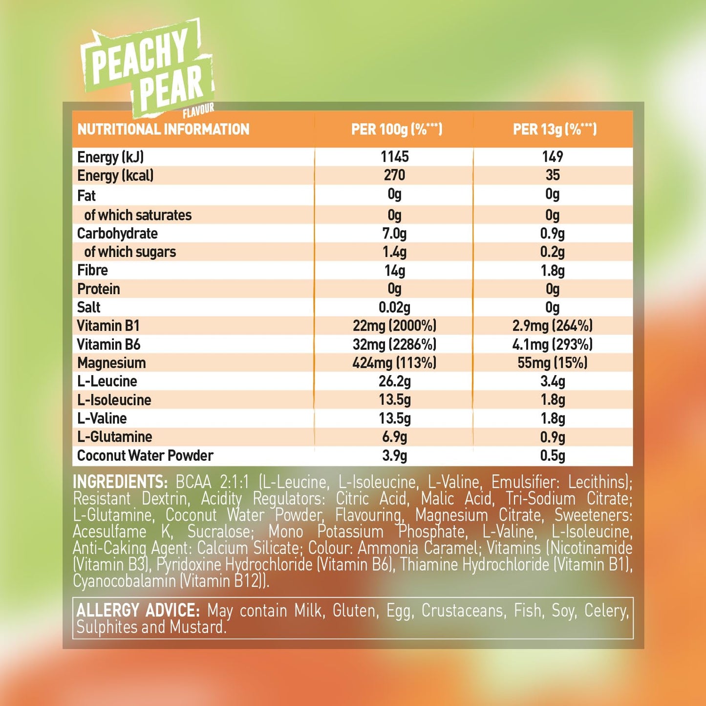 Grenade BCAA Intra Workout Powder Zero Sugar Drink packed with Amino Acids including B-Vitamins, Magnesium & Glutamine (30 Servings) - Peachy Pear, 390 g (Pack of 1)