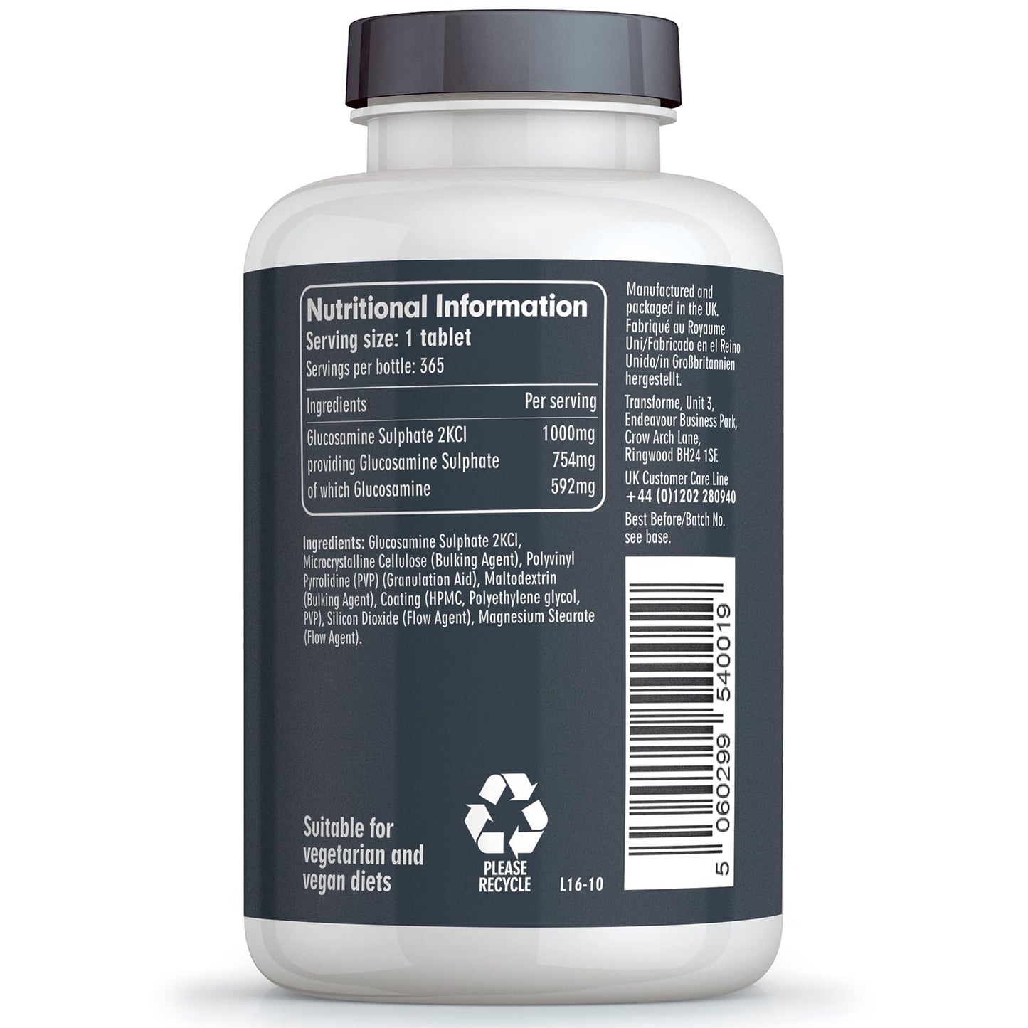 Transforme Glucosamine Sulphate 1000mg 365 Tablets, 2KCl, Vegetarian, Vegan, 1 Year Supply, Gluten Free