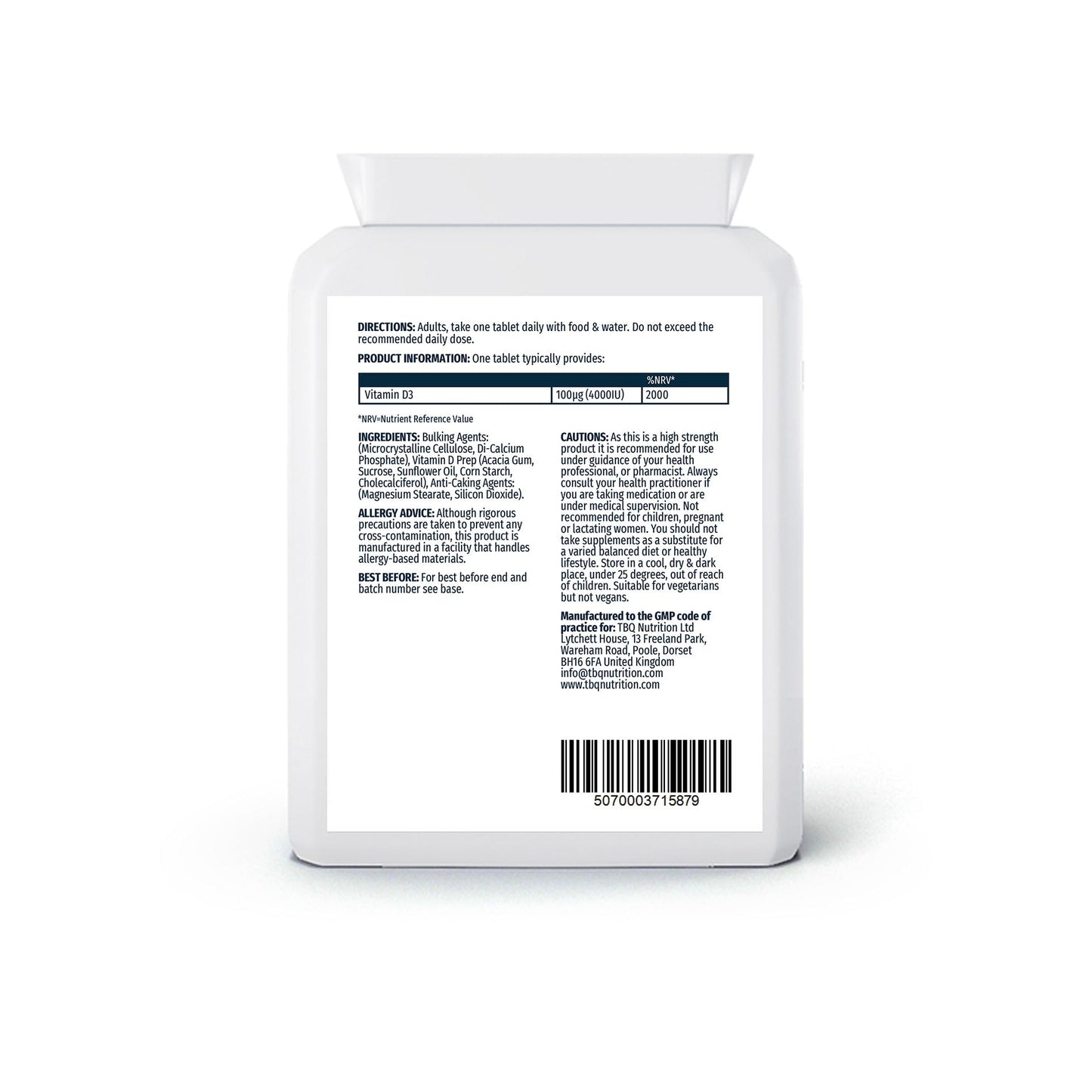 TBQ Nutrition Vitamin D3 4000IU – 365 Tablets | High Strength 100µg Cholecalciferol | Supports Bones, Muscles, Teeth & Immune Function | One Year Supply | UK Made | Vegetarian Supplement