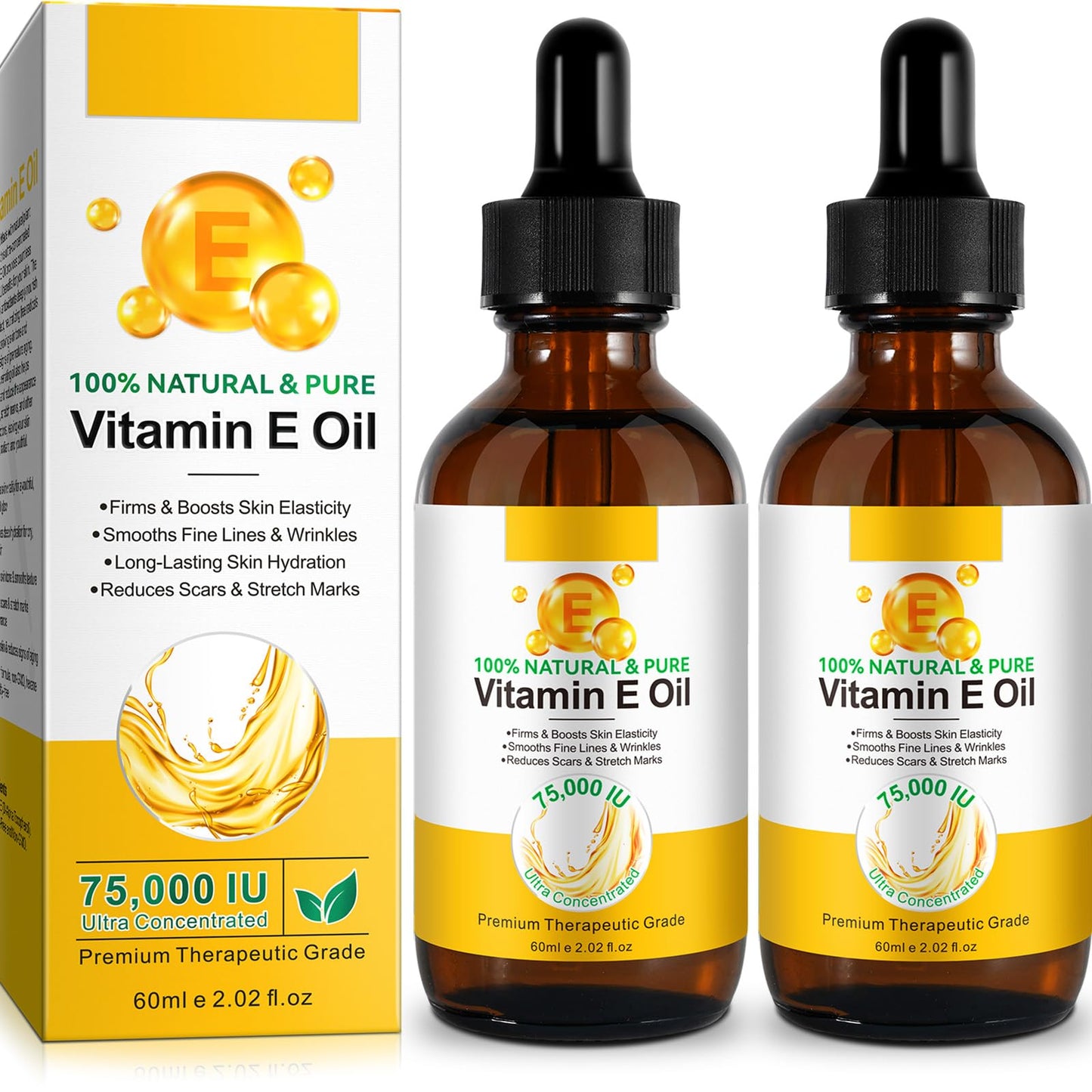 LEISGOTO Vitamin E Oil, 100% Pure Natural Plant Extracts Vitamin E Oil for Skin, Face, Reduces Scars & Stretch Marks, Smooths Fine Lines & Wrinkles, Firms & Boosts Skin Elasticity - 60ml Body Oil (Pack of 2)