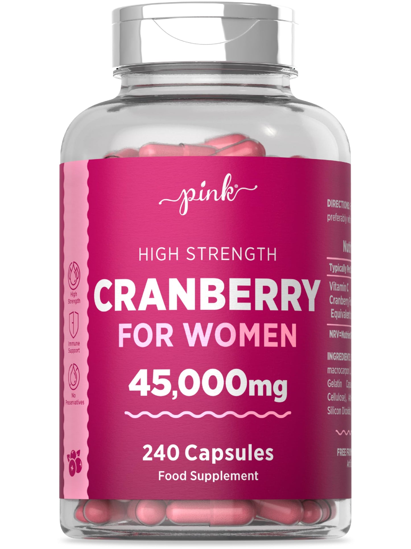 Cranberry Capsules 45000mg for Urinary Infections | 240 High Strength Capsules | with Vitamin C | by Pink