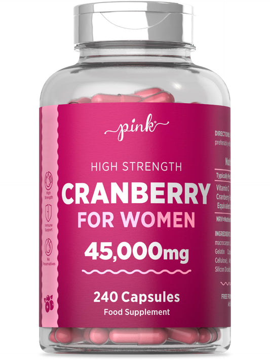 Cranberry Capsules 45000mg for Urinary Infections | 240 High Strength Capsules | with Vitamin C | by Pink