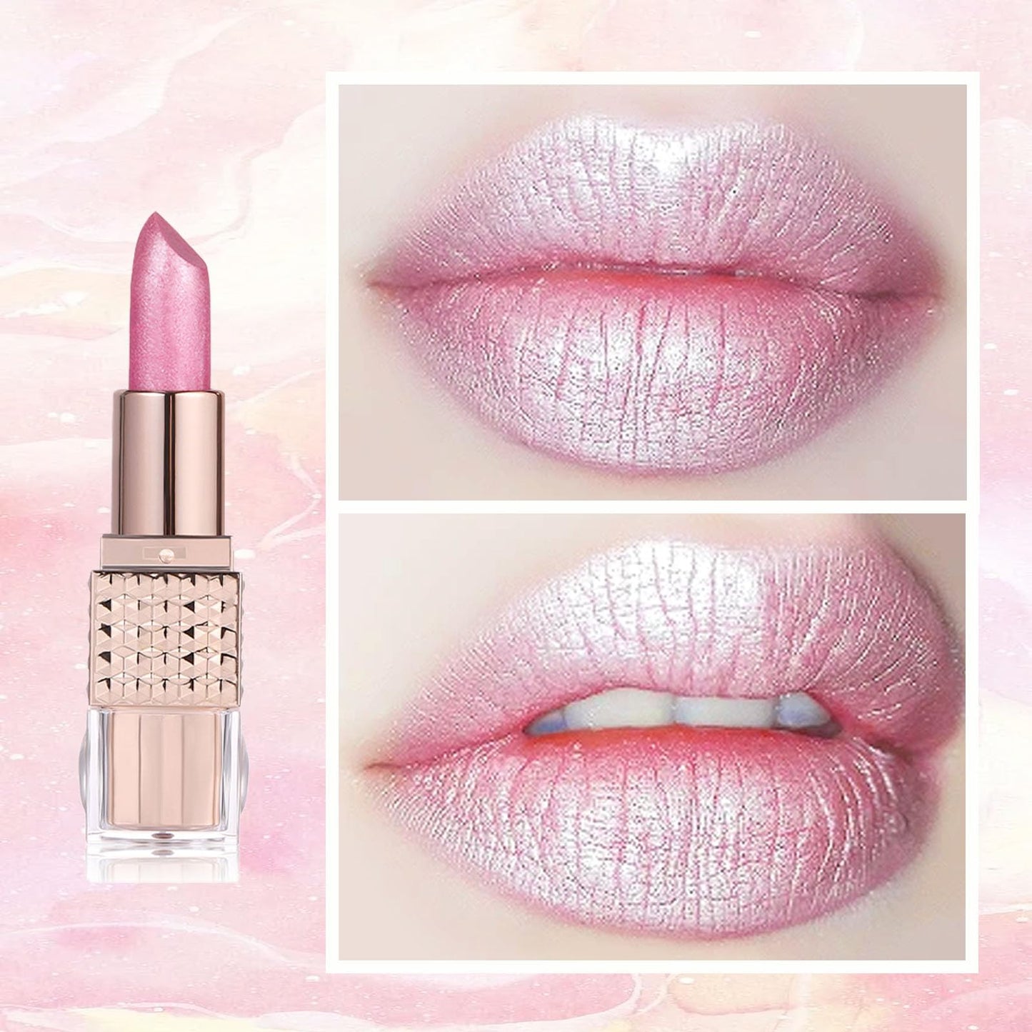 LYNTYAOU Shimmers Lipstick Pearl Pink Color Lip Stick, Glitter Metallic Bright Pink Lip Balm for Women, Silky Smooth Full-Coverage Lipsticks, Longlasting Pearlescent Light Pink Tinted for Women