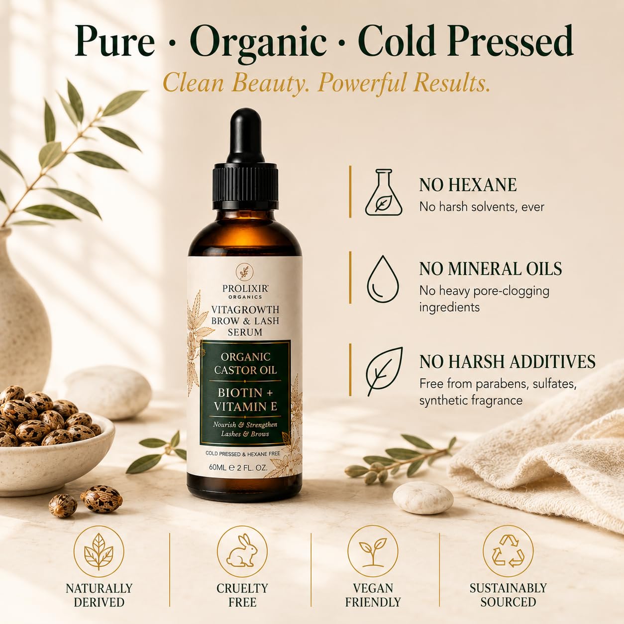 Prolixir Organic Castor Oil for lashes & Brows, Cold Pressed Lash & Brow Growth, Repair & Conditioning Oil with Vitamin E, Precision Applicators, For Fuller Looking Lashes, Brows, Hair & Nails, 60ml