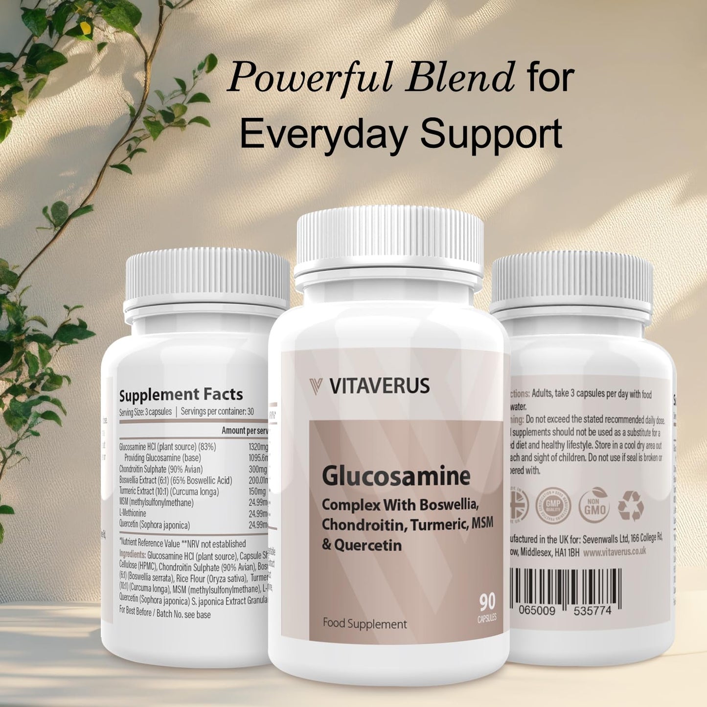 VITAVERUS Glucosamine Complex with Boswellia, Chondroitin, Turmeric, MSM & Quercetin, 90 Capsules