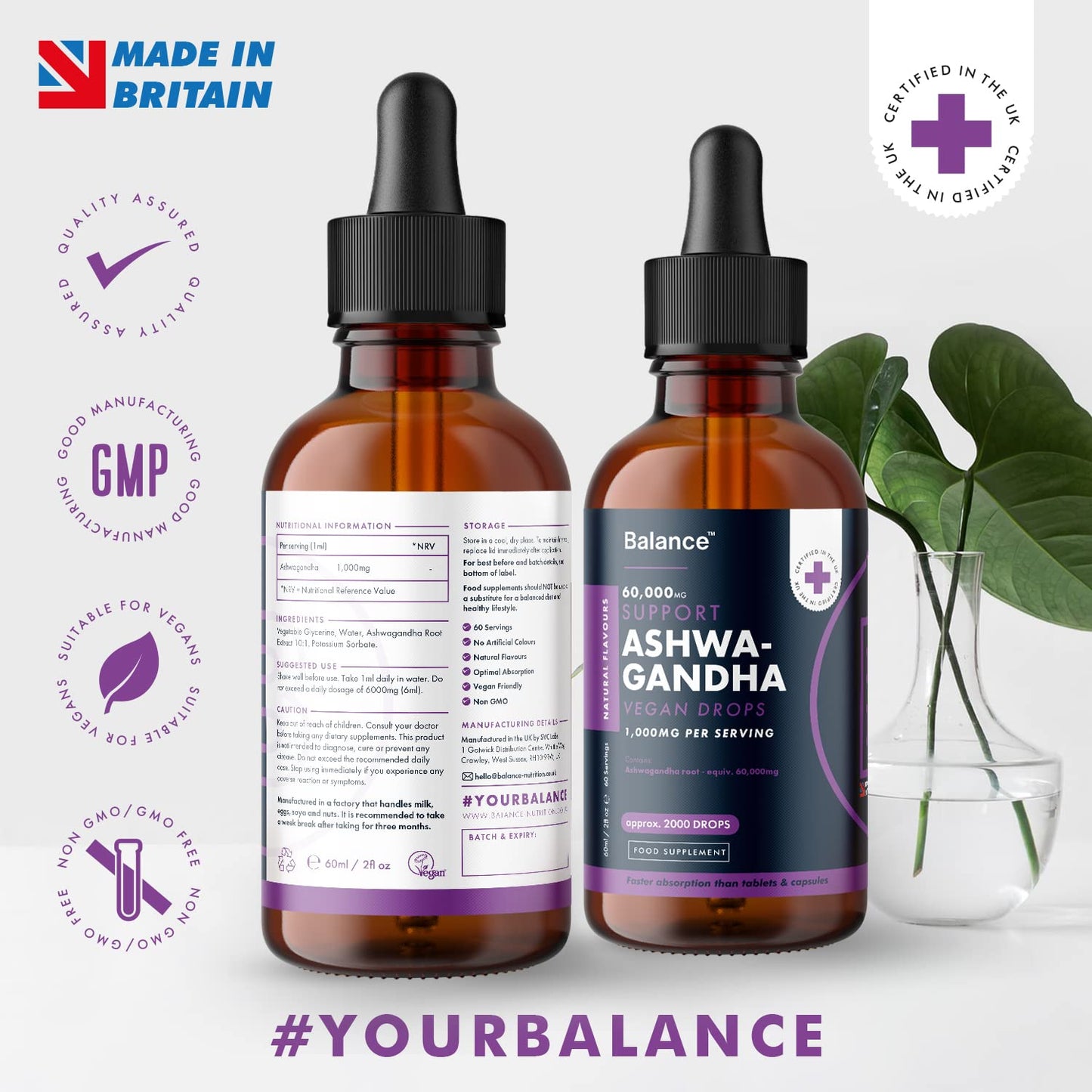 Ashwagandha Supplement Liquid Drops - High Strength of 60,000mg per 60ml Bottle at 4X Concentration - Vegan - 2 Month Supply of Premium Ashwagandha Extract - 60 Servings - Made in UK by Balance