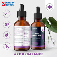 Ashwagandha Supplement Liquid Drops - High Strength of 60,000mg per 60ml Bottle at 4X Concentration - Vegan - 2 Month Supply of Premium Ashwagandha Extract - 60 Servings - Made in UK by Balance