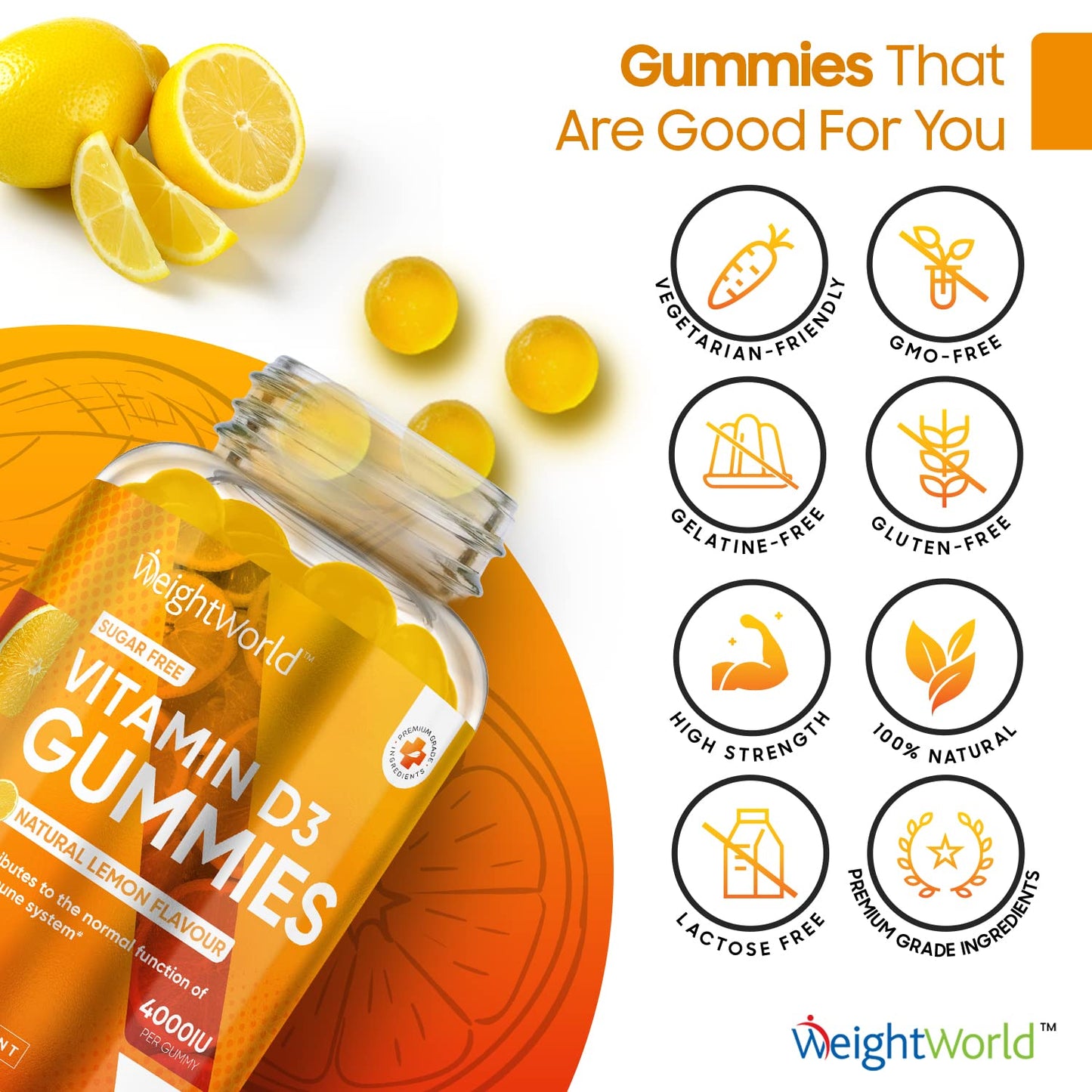 Vitamin D Gummies Adults 4000IU - Sugar-Free - 4 Months Supply - Natural Lemon Flavour - 120 Chewable Vitamin D3 Gummies - Vegetarian Friendly - High Strength Vitamin D Supplement - GMO & Gluten Free