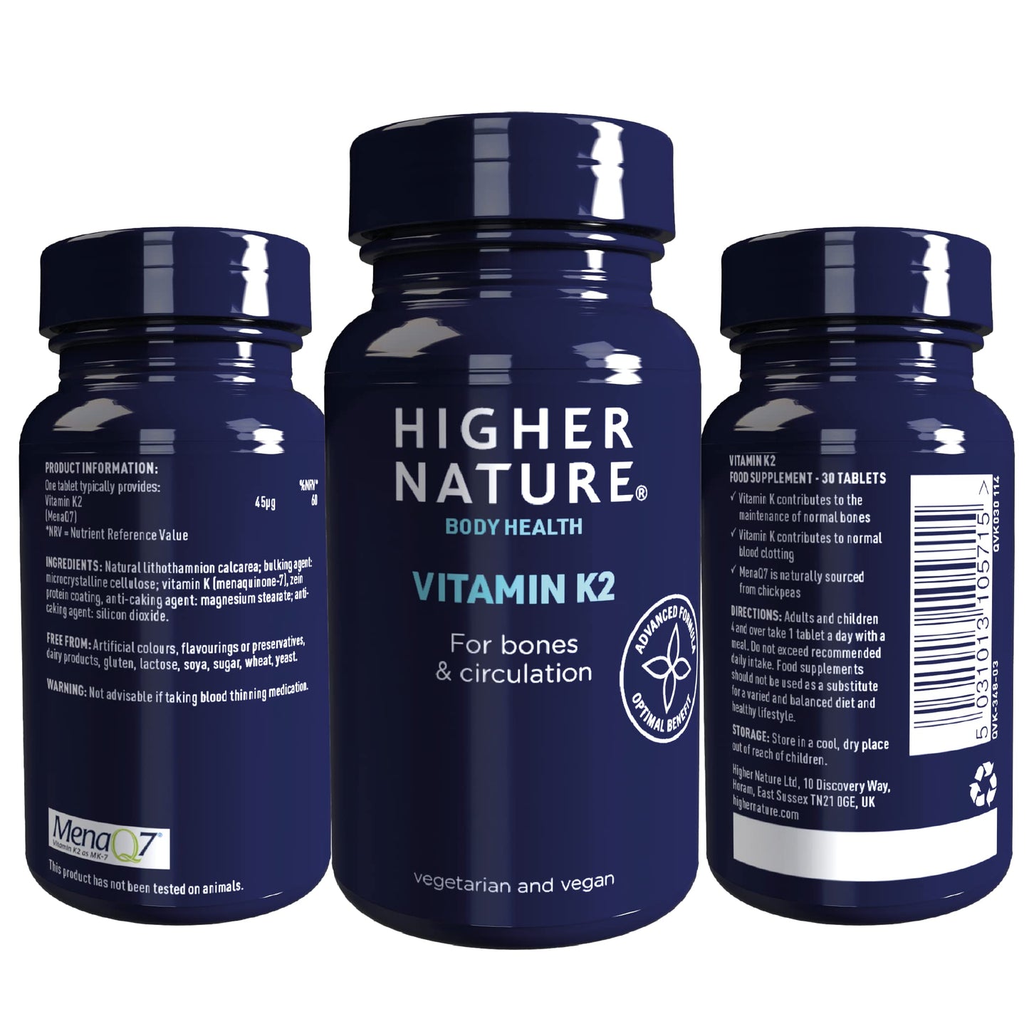 Higher Nature - Vitamin K2 One A Day - Bone & Cardio Support - Vitamin K2 MK7 - Gluten Free - SOYA Free - Vegan & Vegetarian Tablets - 30 Tablets