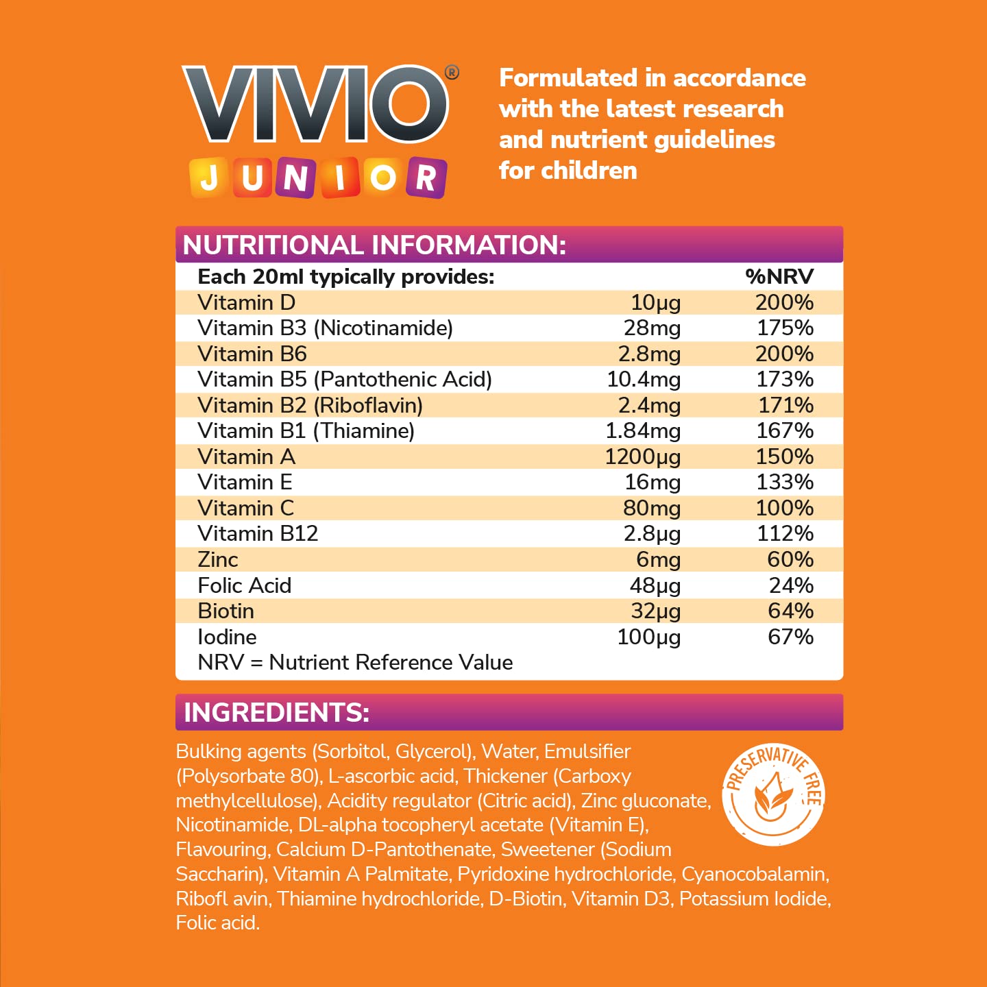 VIVIO JUNIOR VIVIO Junior Multivitamin Tonic for Kids – 12 Added Vitamins Plus Zinc & Iodine to Support Your Child’s Immunity & Cognitive Function - Orange - 250ml