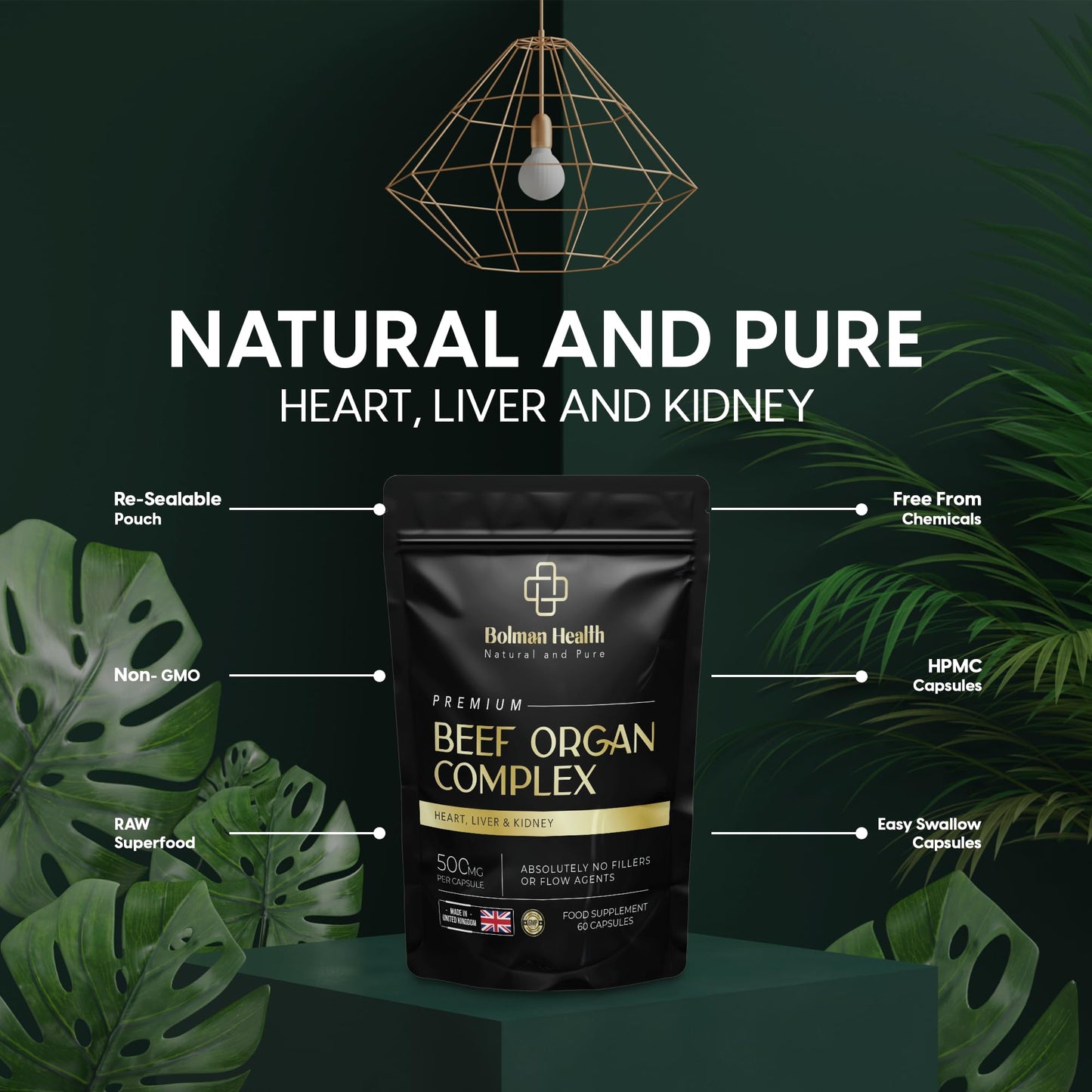 Bolman Health Beef Organ Complex | High Strength Grass-Fed Liver, Heart & Kidney Capsules | Supports Energy, Metabolism, Immune Health, Stamina & Vitality | 60 Capsules | Non-GMO, Gluten-Free | UK Made