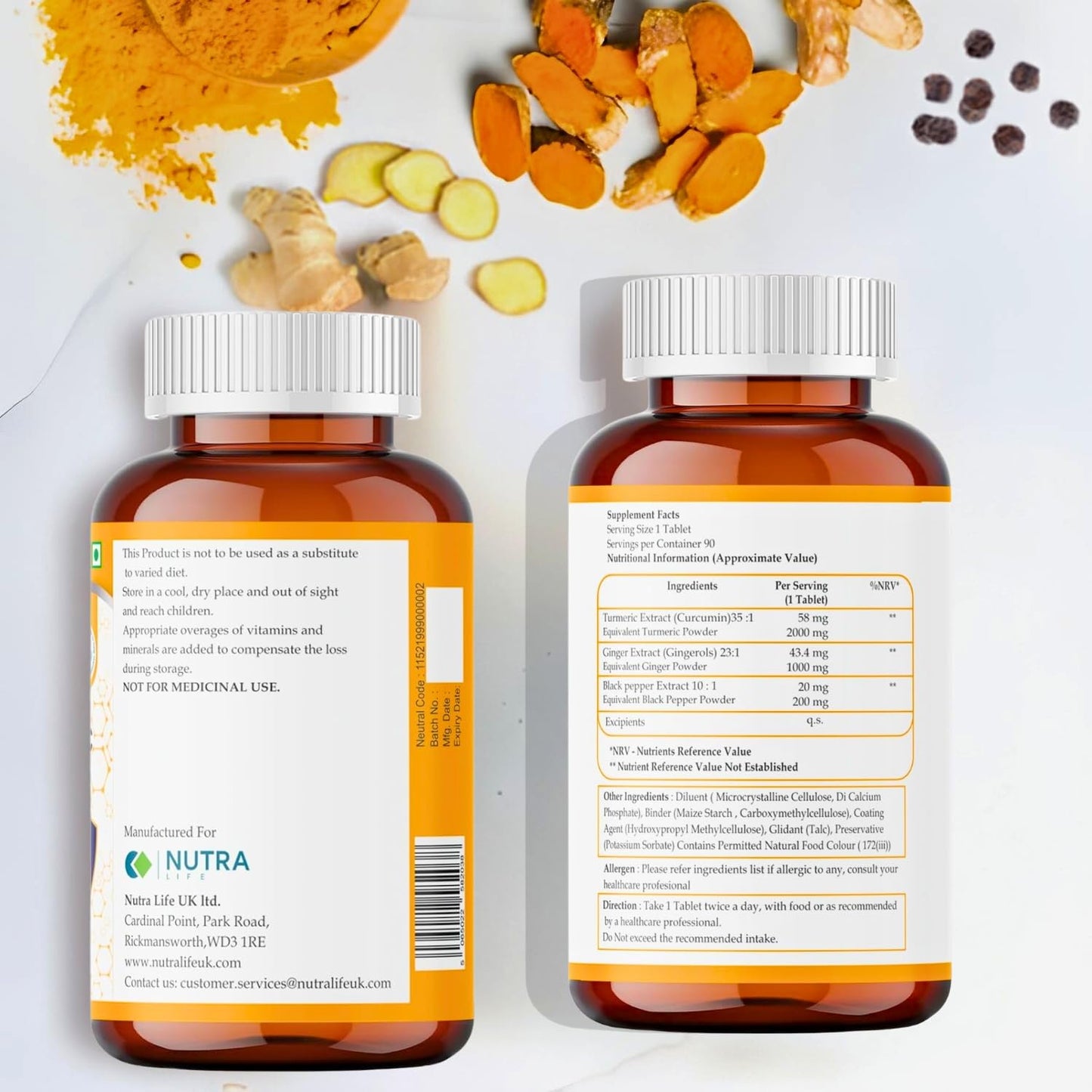NUTRA LIFE Nutra Life Advanced Turmeric with Black Pepper & Ginger Tablets High Strength Supplement 90 Tablets with 2000mg Curcumin for Women & Men 3 Month Supply Vegan Friendly Gluten-Free