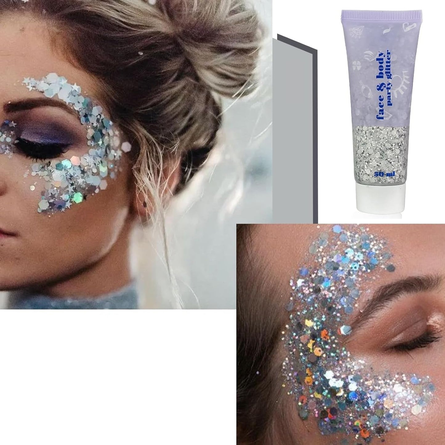 Beliky Girl Body Glitter Gel, 50ml Face Glitters Body Sequins Shimmer Liquid Eyeshadow, Mermaid Sequins Liquid Holographic Glitter Gel, Chunky Glitters for Eye Hair Nail DIY Art(Silver)
