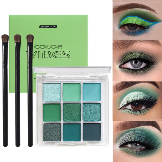 QUIWEN Green Eyeshadow Palette, Glitter Eye shadow Makeup, Shimmer & Matte Waterproof Eye Shadow Palette, Green Forest EyeShadow Make Up With 3 Eyeshadow Brushes