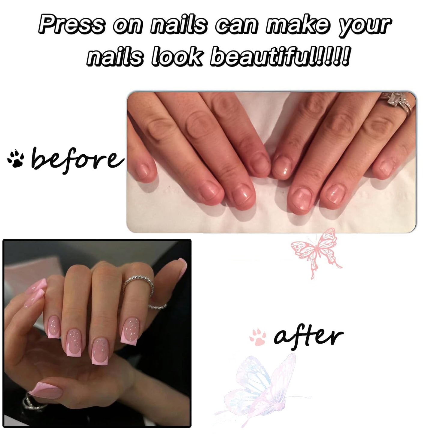 Ironbloomy 24Pcs Square False Nails Short - Pink Edge French Press on Nails - Fake nails with Glue - Stick on Nails French Tip - Full Cover Acrylic False Nails & Accessories Nails Art for Women