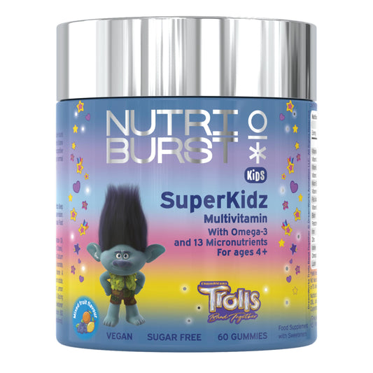 Nutriburst SuperKidz - Chewable Multivitamin for Health, Growth & Development - 13 Essential Nutrients: Vitamin A, B12 C, D3, E, Iron, Omega-3 - Vegan + Sugar Free - Orange Flavour - 30 Gummies