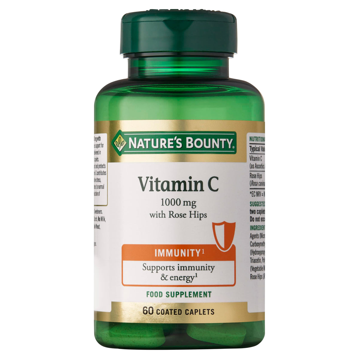 Nature's Bounty Vitamin C 1000 mg with Rose HIPS - Pack of 60 Coated Caplets - Supports Immunity and Energy - Vegan and Gluten Free