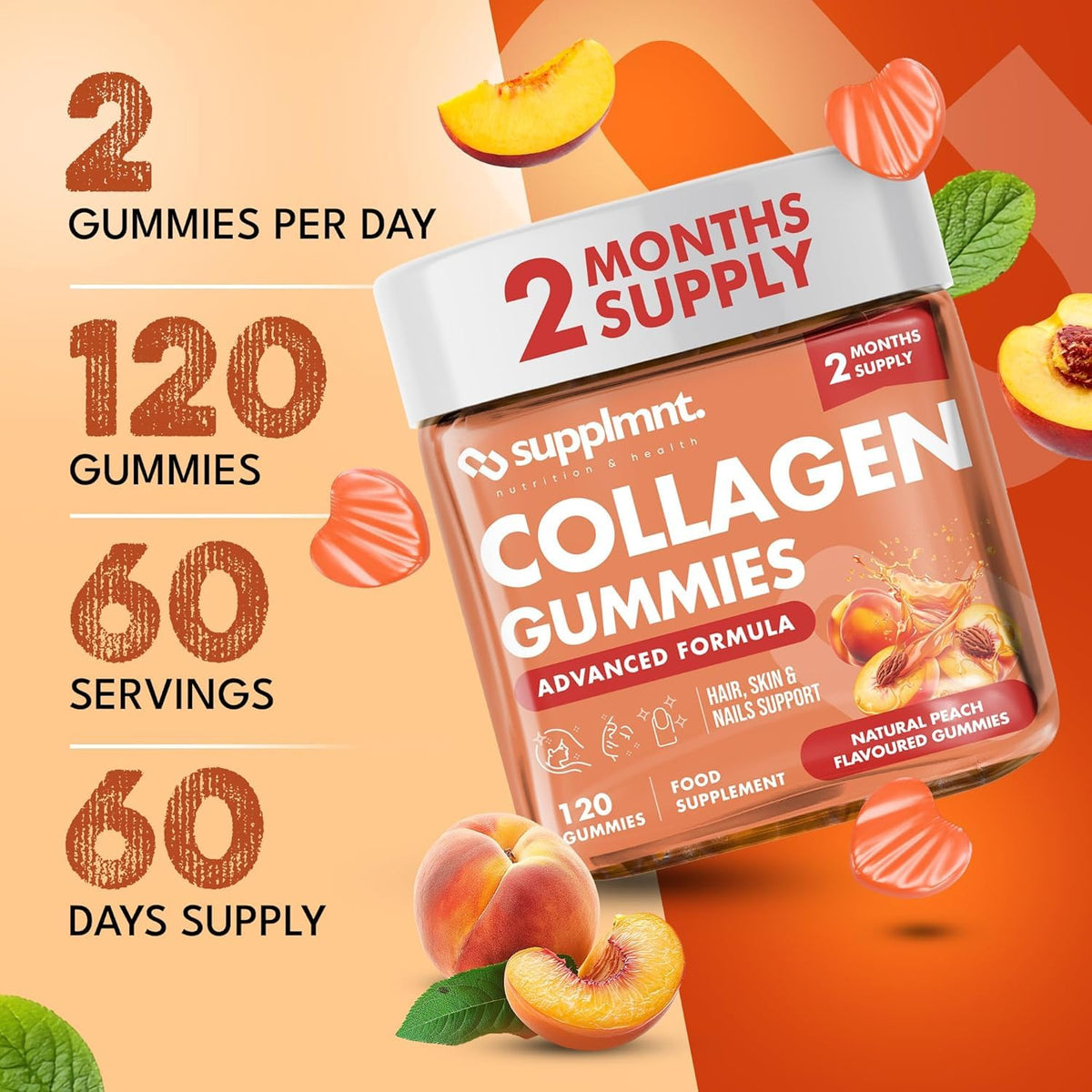 supplmnt. Supplmnt. Marine Collagen Gummies, Hydrolysed Collagen Peptides w/Biotin, Hyaluronic Acid & Vitamin C, Collagen Supplements for Women & Men, Collagen for Skin, Hair & Nails (One Size, Peach)