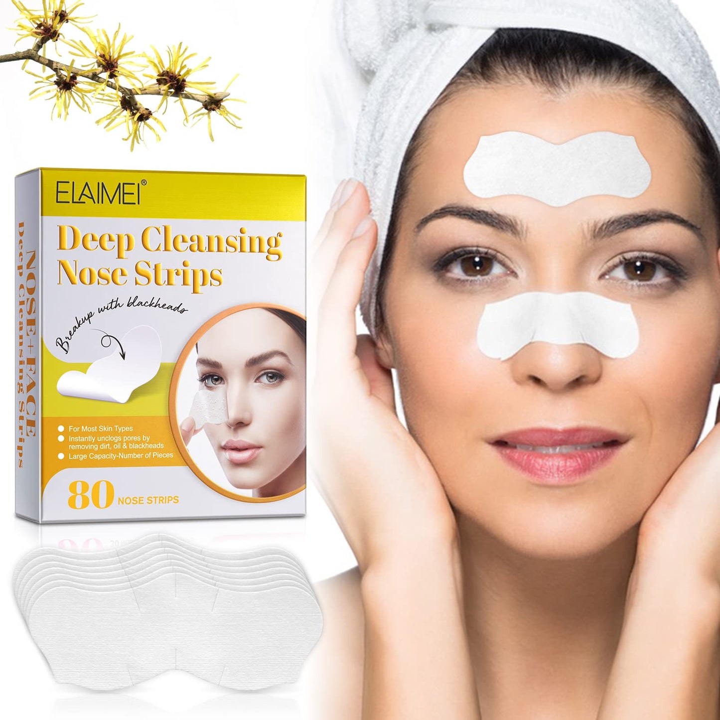 Tioueo Nose Strips 80 Packs, Blackhead Remover Pore Strips, Blackhead Pore Strip, Deep Cleansing Nose Strips for Clearer Skin White