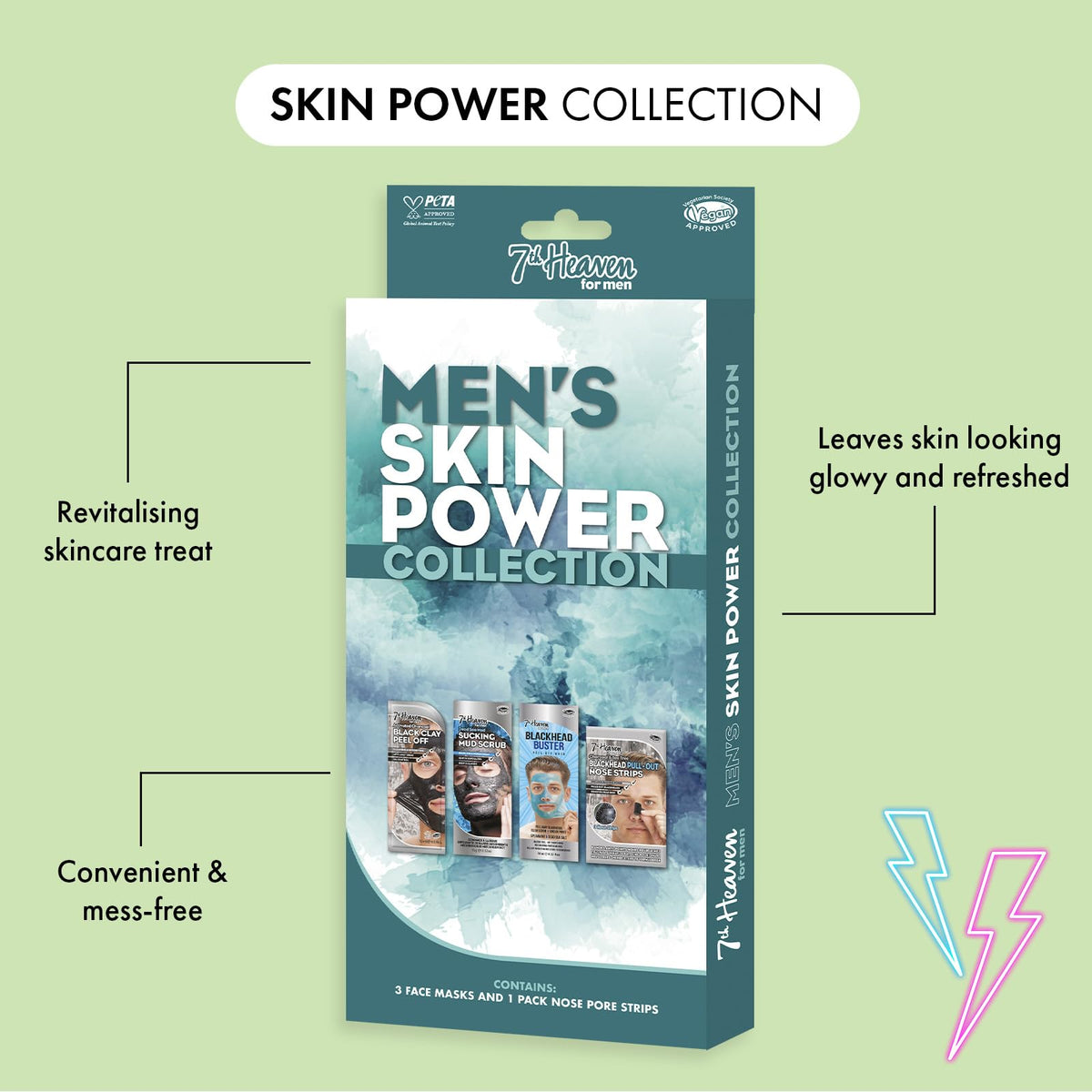 7th Heaven Men’s Skin Power Gift Set with 3 rejuvenating masks and nose pore strips. Deep-cleansing face skincare to help with blemishes and blackhead removal while energising and reviving skin.
