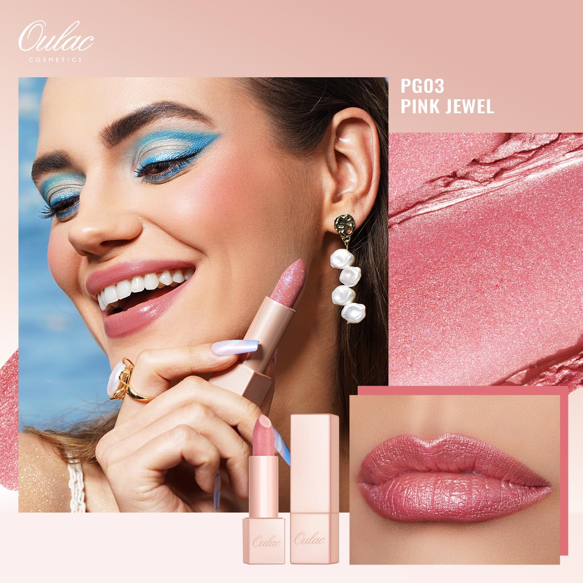 Oulac Pink Shimmer Lipstick for Women-Moisture Tinted Lip Balm for Dry Lips, Glitter Surface, Creamy Formula, Hydrating & Smooth, Infused with Shea Butter, Vegan, Gluten-Free (PG03) Pink Jewel