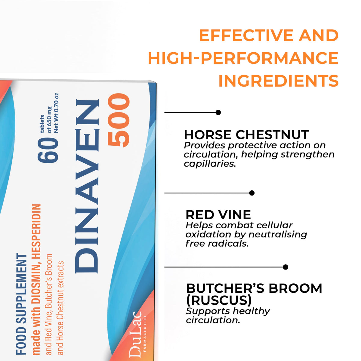DULÀC FARMACEUTICI 1982 Dulac – Dinaven 500, Food Supplement for Leg Support Circulation, 60 Tablets, for Heavy and Tired Legs, Helps Improve Blood Flow, with Diosmin and Hesperidin, Made in Italy
