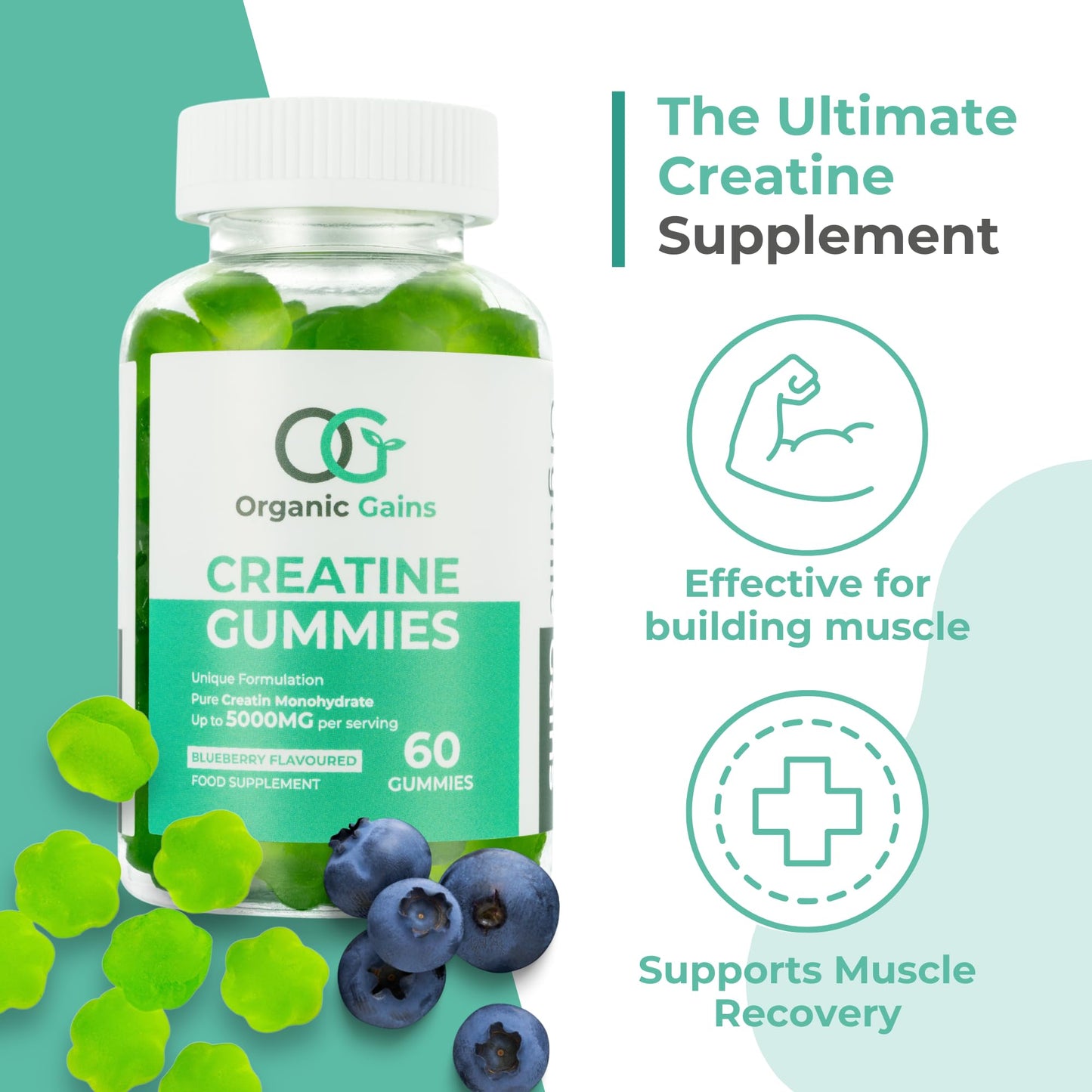 Organic Gains OG Creatine Monohydrate Gummies 5000mg for Men & Women - 60 Chewable Creatine Gummies - Natural Blueberry Flavoured, Pre Workout Gym Supplement, Suitable for Vegans