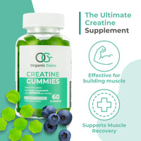 Organic Gains OG Creatine Monohydrate Gummies 5000mg for Men & Women - 60 Chewable Creatine Gummies - Natural Blueberry Flavoured, Pre Workout Gym Supplement, Suitable for Vegans