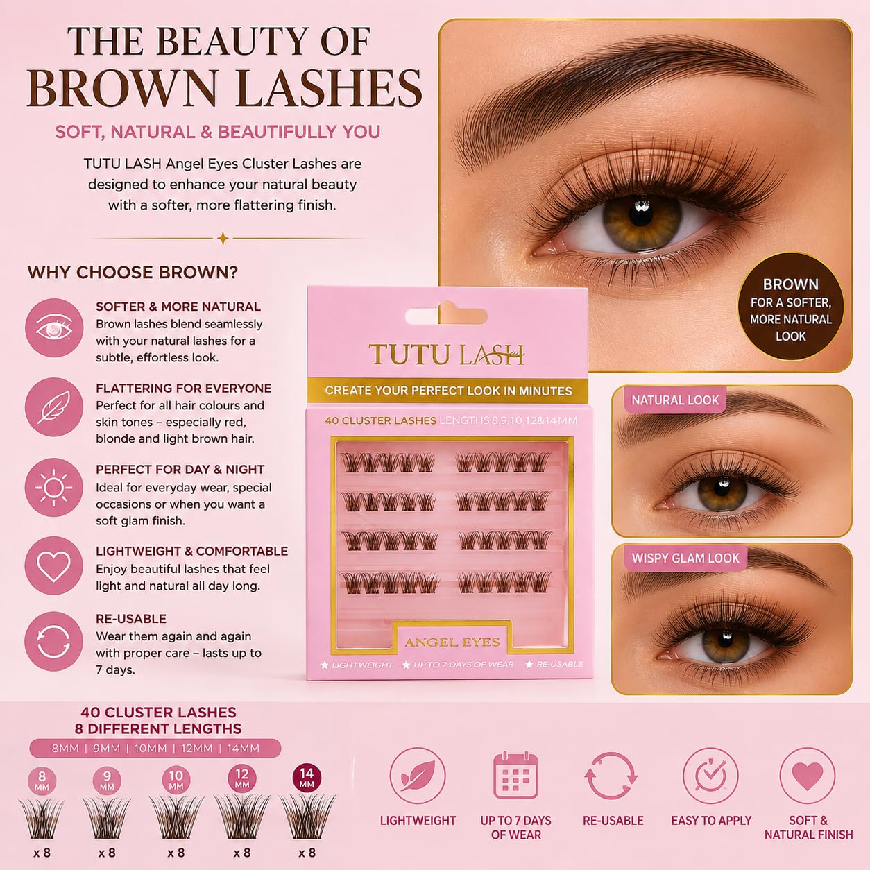 TUTU LASH Tutu Lash Caramel Lashes Brown DIY Cluster Lashes ANGEL EYES 40 x cluster lashes self application easy to apply lashes lash cluster box re-usable vegan